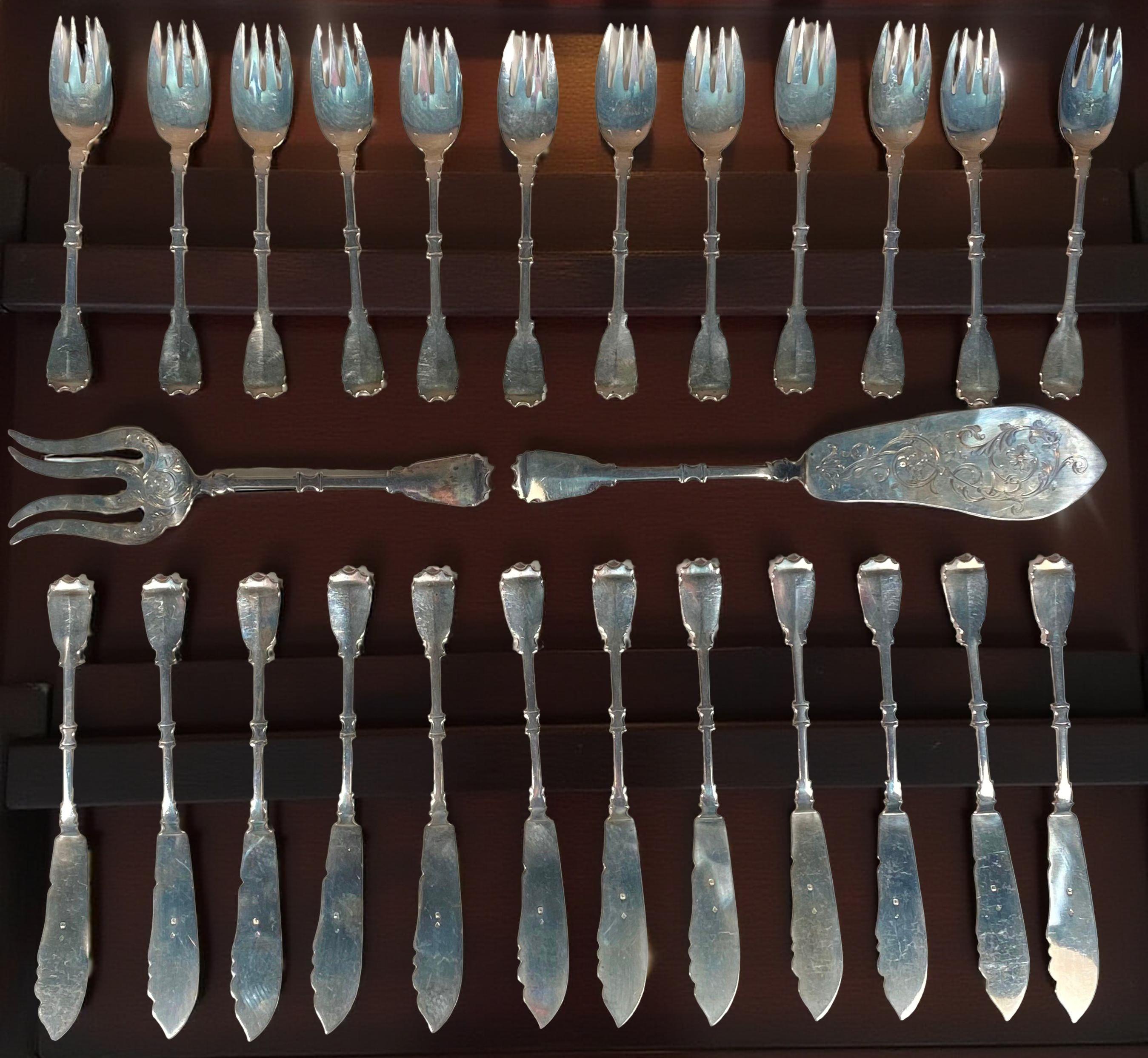 Set di 12 posate da pesce in argento 925 di Robert Linzeler, Francia, 1900 in vendita 9