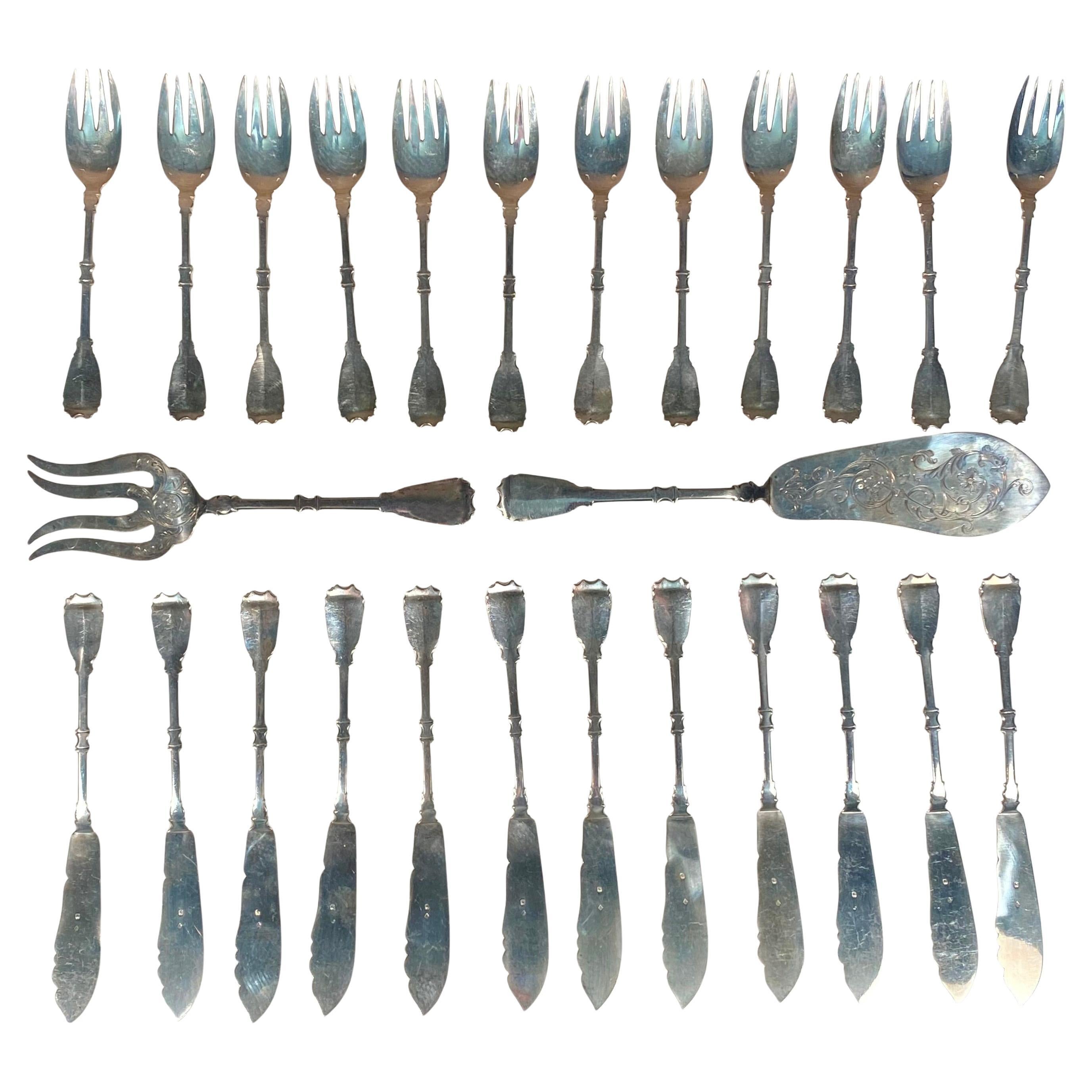 Set di 12 posate da pesce in argento 925 di Robert Linzeler, Francia, 1900 in vendita
