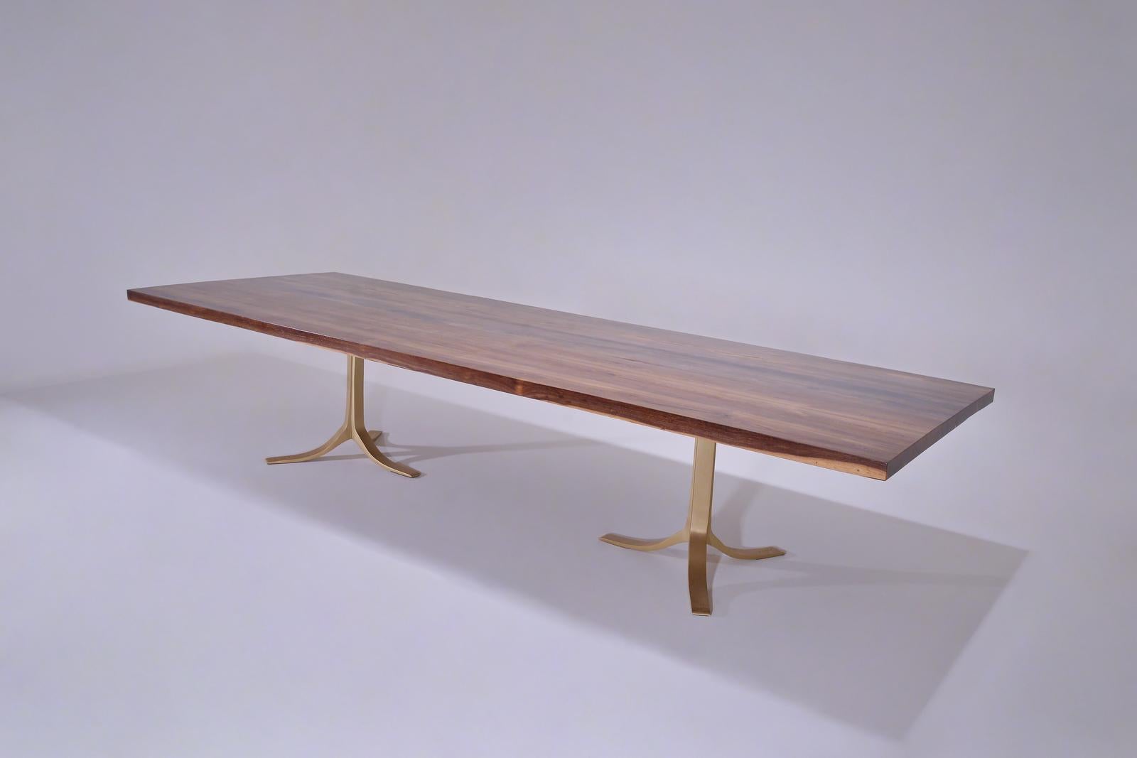 Minimalist 12-Person Reclaimed Hardwood Table, Sand Cast Brass Base by P. Tendercool For Sale