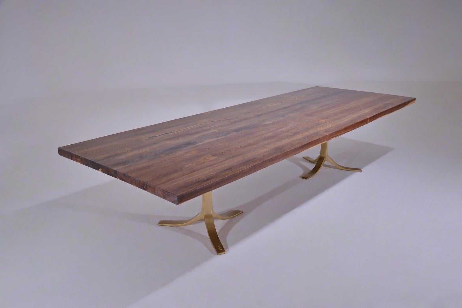 12-Person Reclaimed Hardwood Table, Sand Cast Brass Base by P. Tendercool In New Condition For Sale In Bangkok, TH