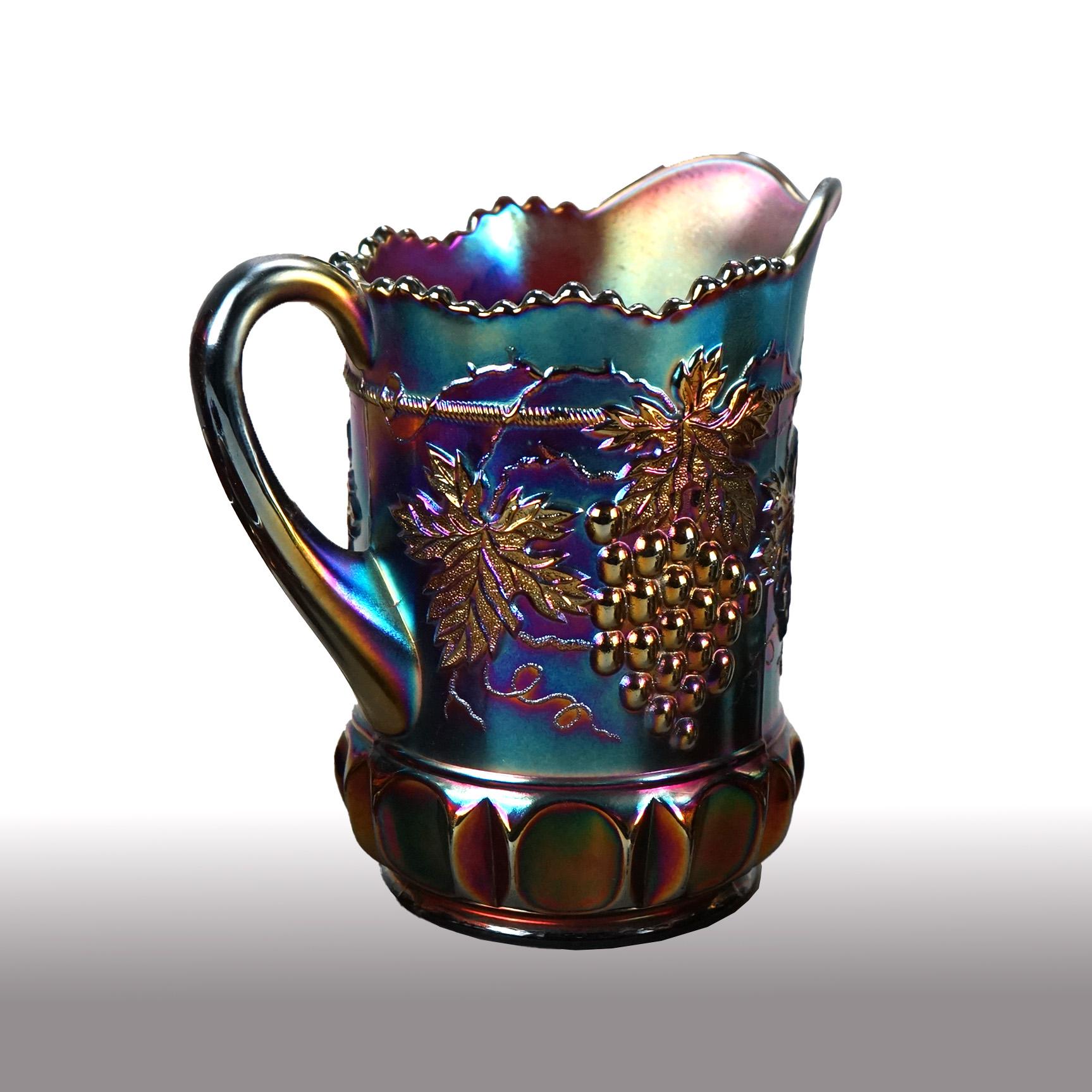 12 Piece Antique Carnival Glass Beverage Set with Grape & Leaf Pattern c1910 In Good Condition In Big Flats, NY