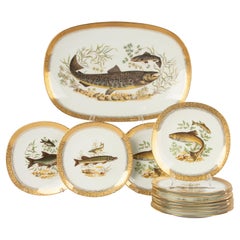 12-Piece Fish Service - Raynaud Limoges - Porcelain with Gold Gilded Trims