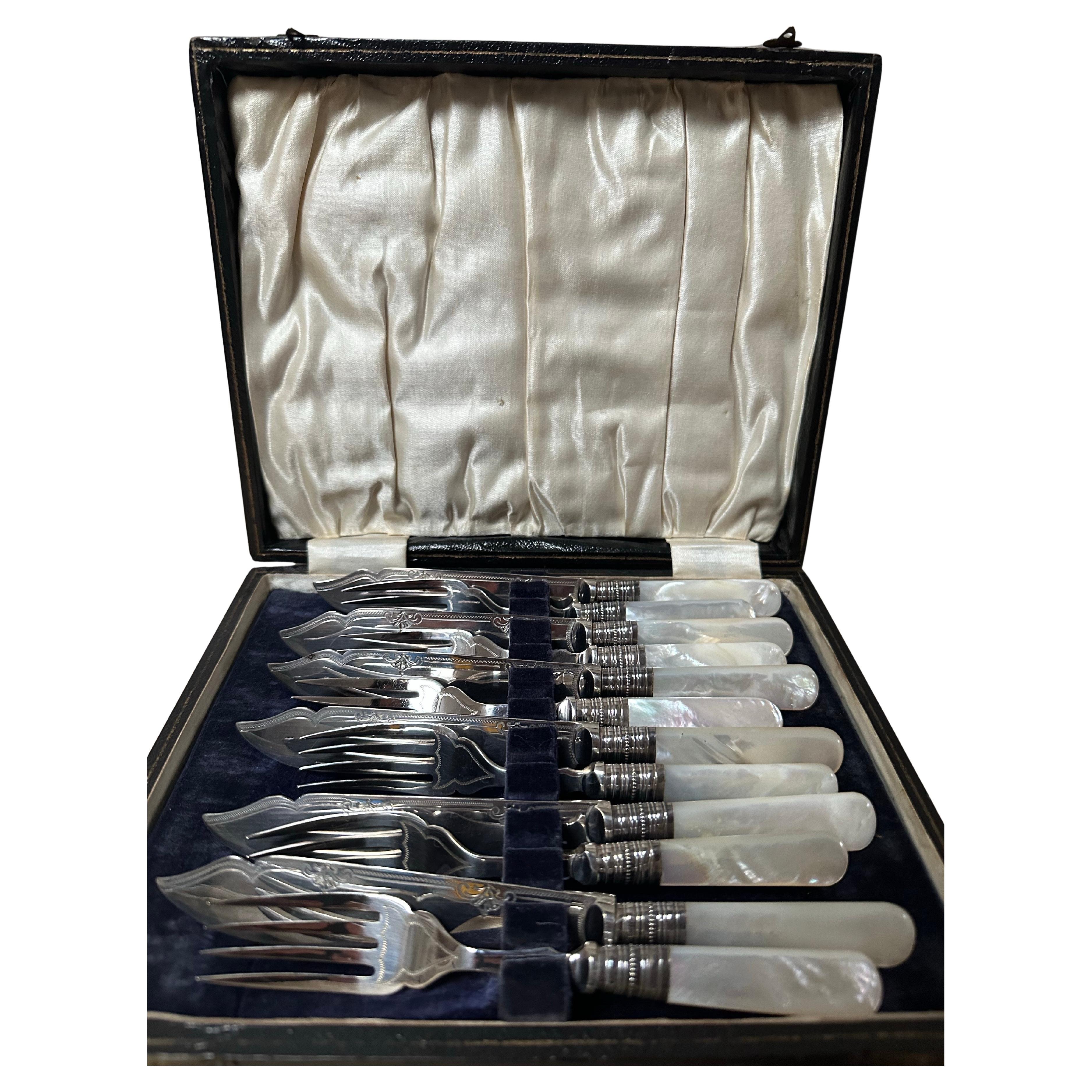 12 piece Vintage Silver- Plate Fish forks and Knives, Ornate Engravings, 1920s