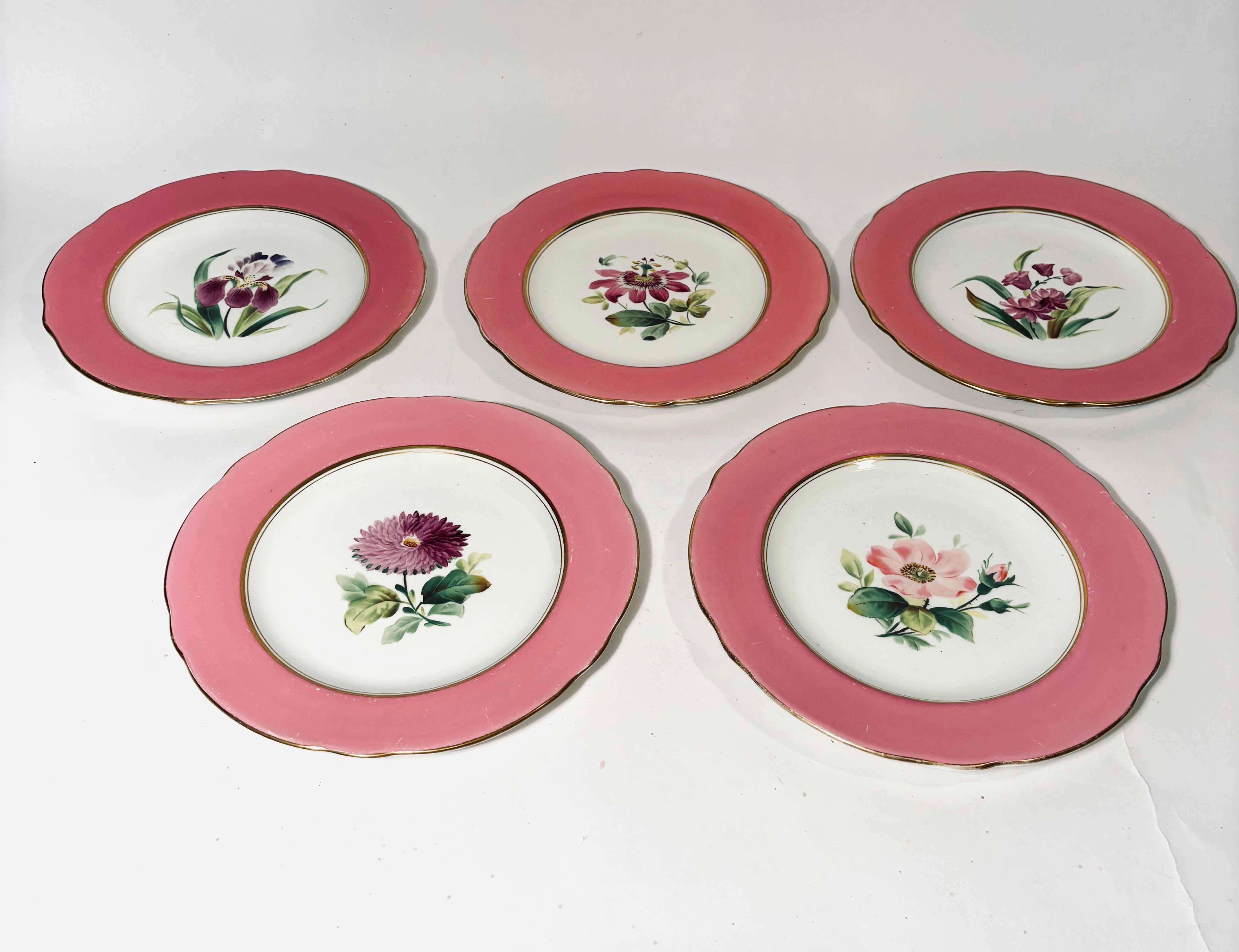 Hand-Crafted 12 Pink Assorted Floral Dessert Plates 19th Century English, Trimmed in Gold