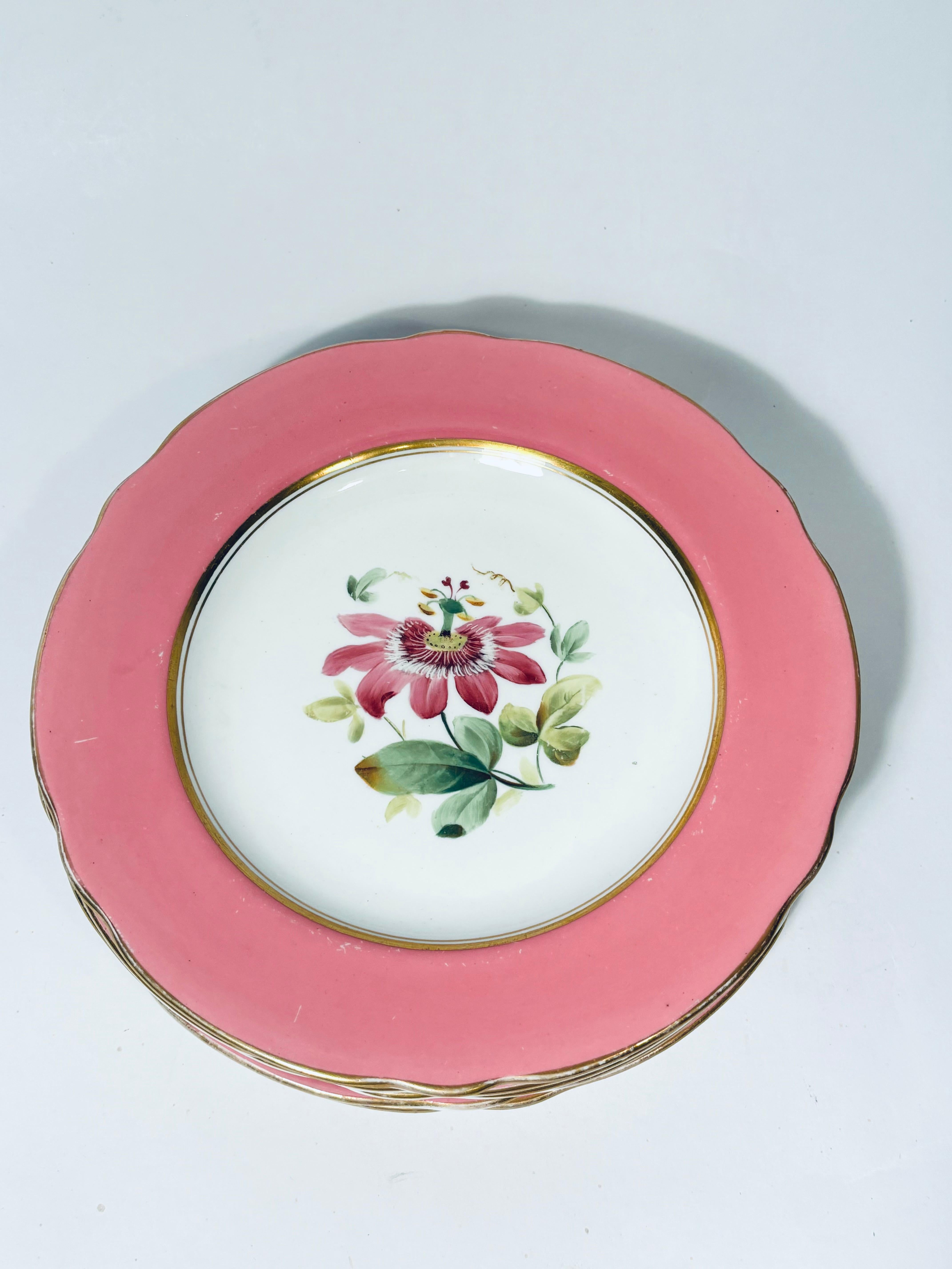 12 Pink Assorted Floral Dessert Plates 19th Century English, Trimmed in Gold In Good Condition In West Palm Beach, FL