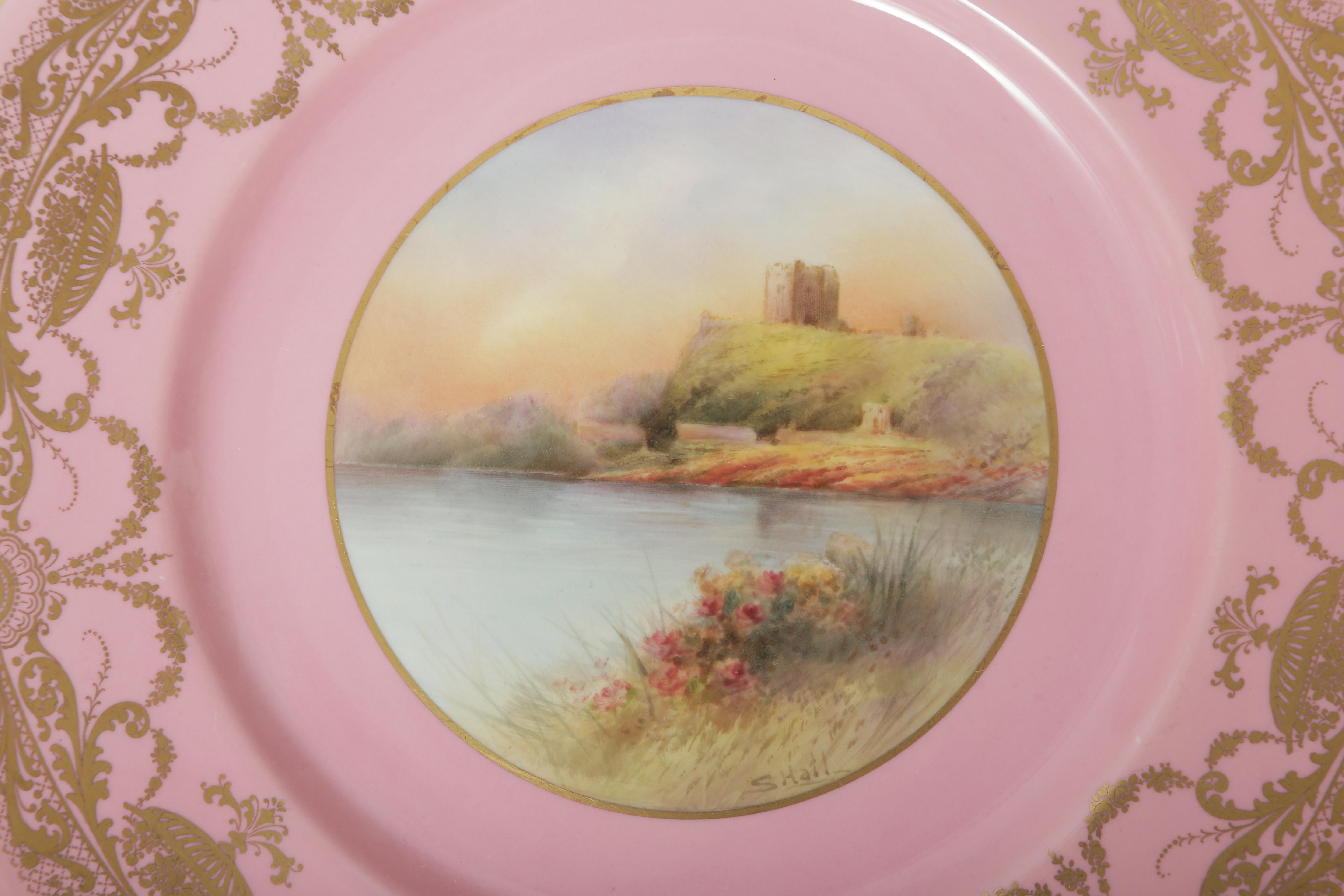 12 Platos de gabinete de castillo pintados a mano en dorado rosa. Antiguo Artista Inglés Firmado en venta 1