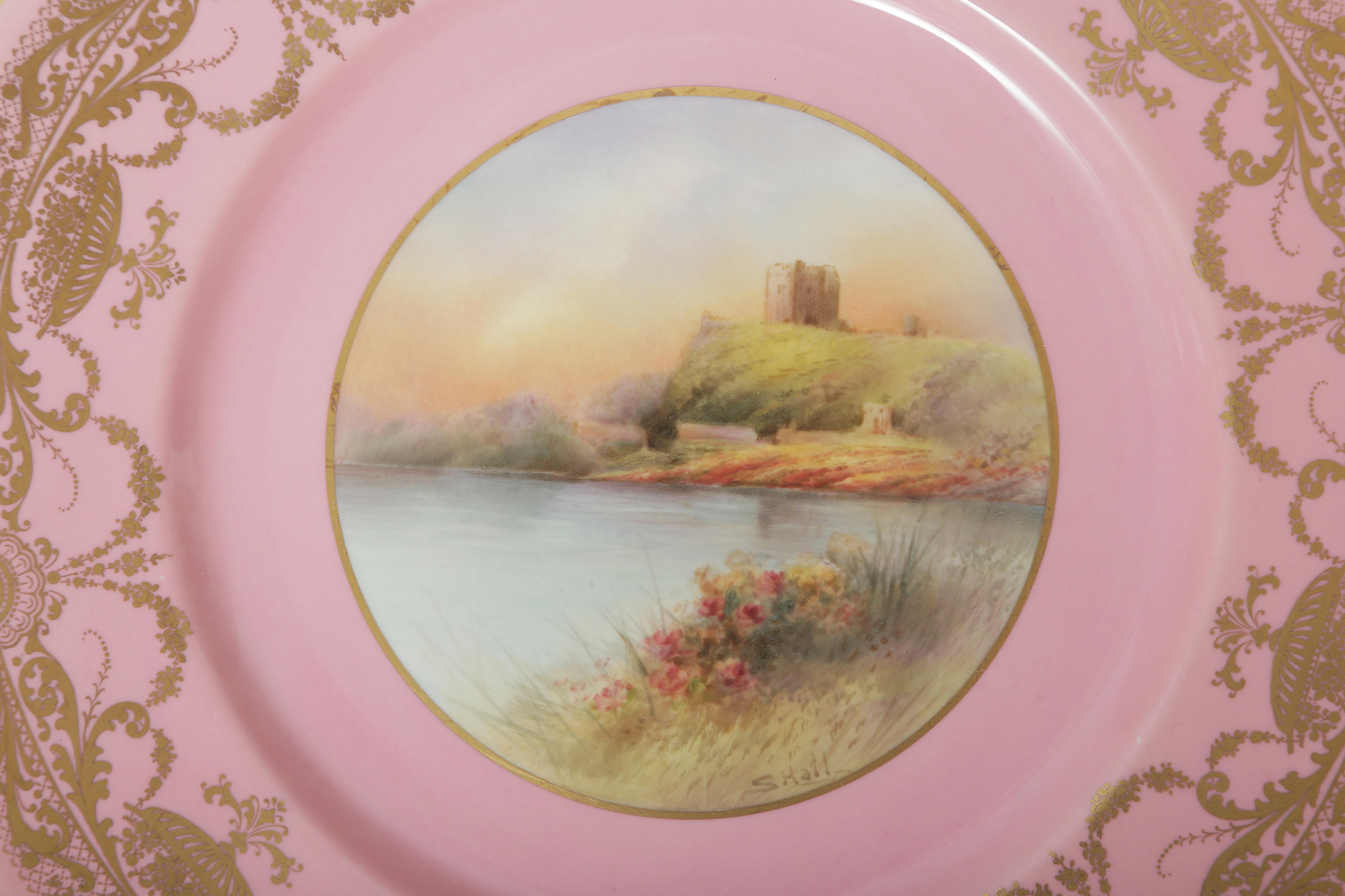 Early 20th Century 12 Pink Gilt Hand Painted Castle Cabinet Plates. Antique English Artist Signed For Sale