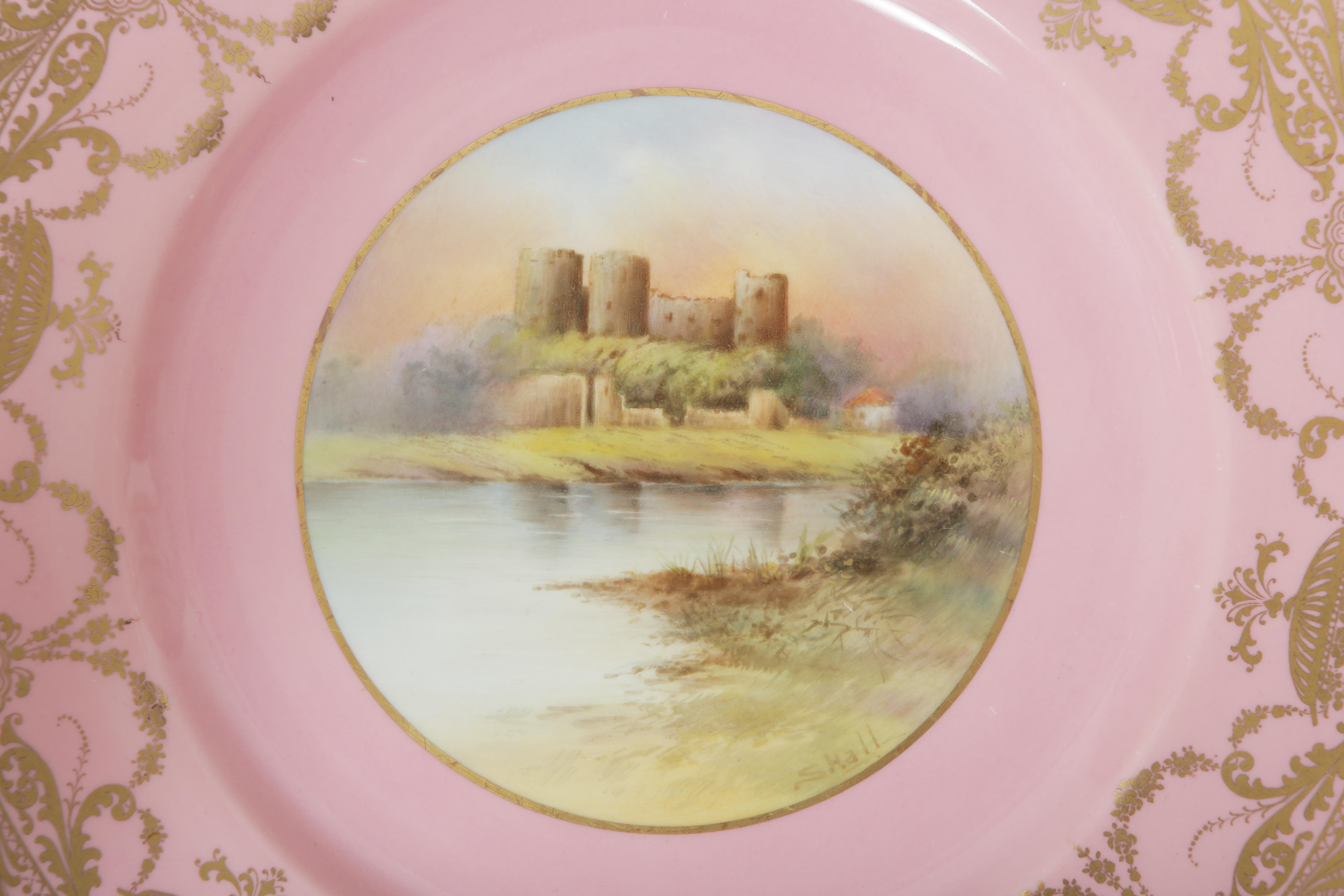 Enamel 12 Pink Gilt Hand Painted Castle Cabinet Plates. Antique English Artist Signed For Sale