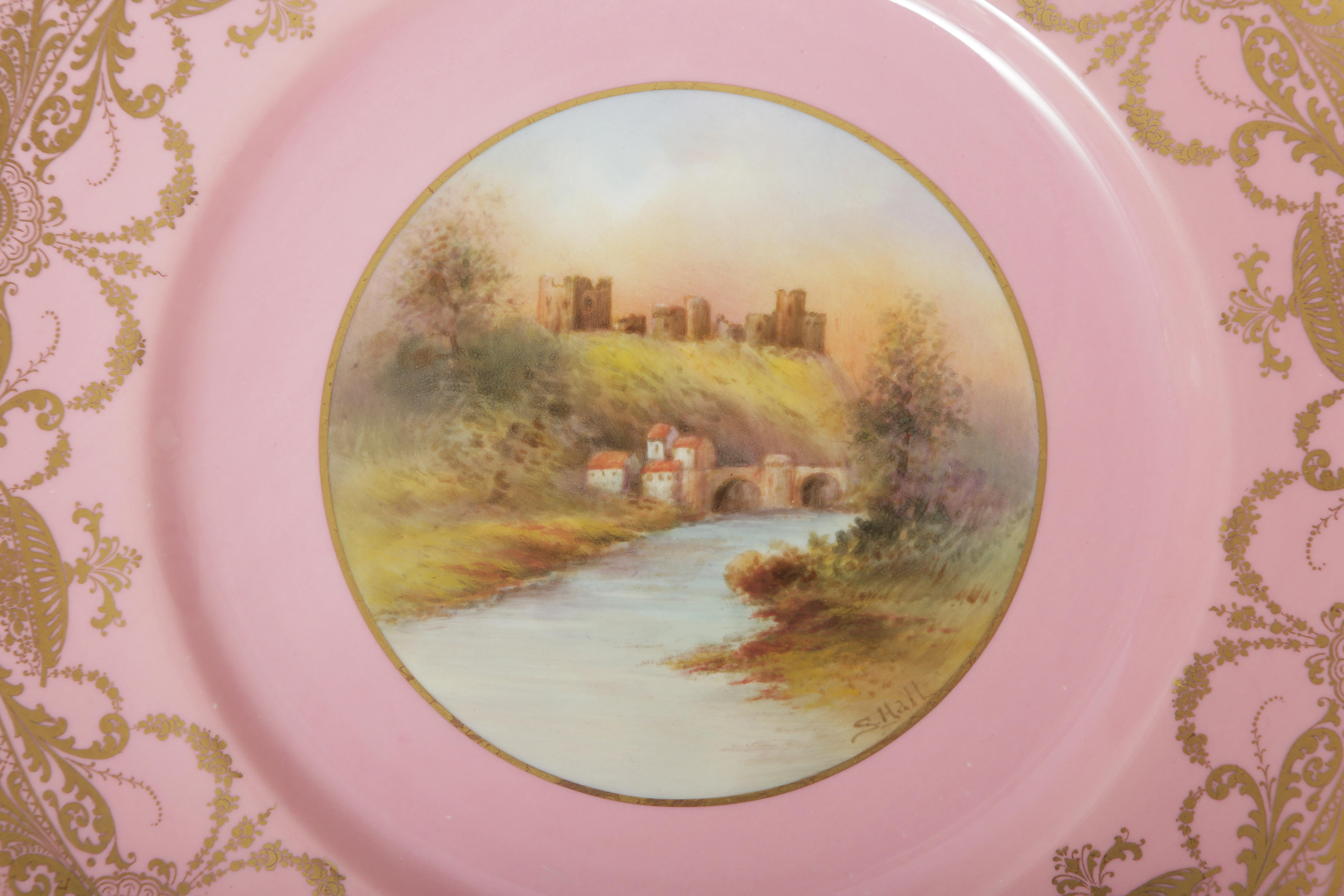 Belle Époque 12 Pink Gilt Hand Painted Castle Cabinet Plates. Antique English Artist Signed For Sale