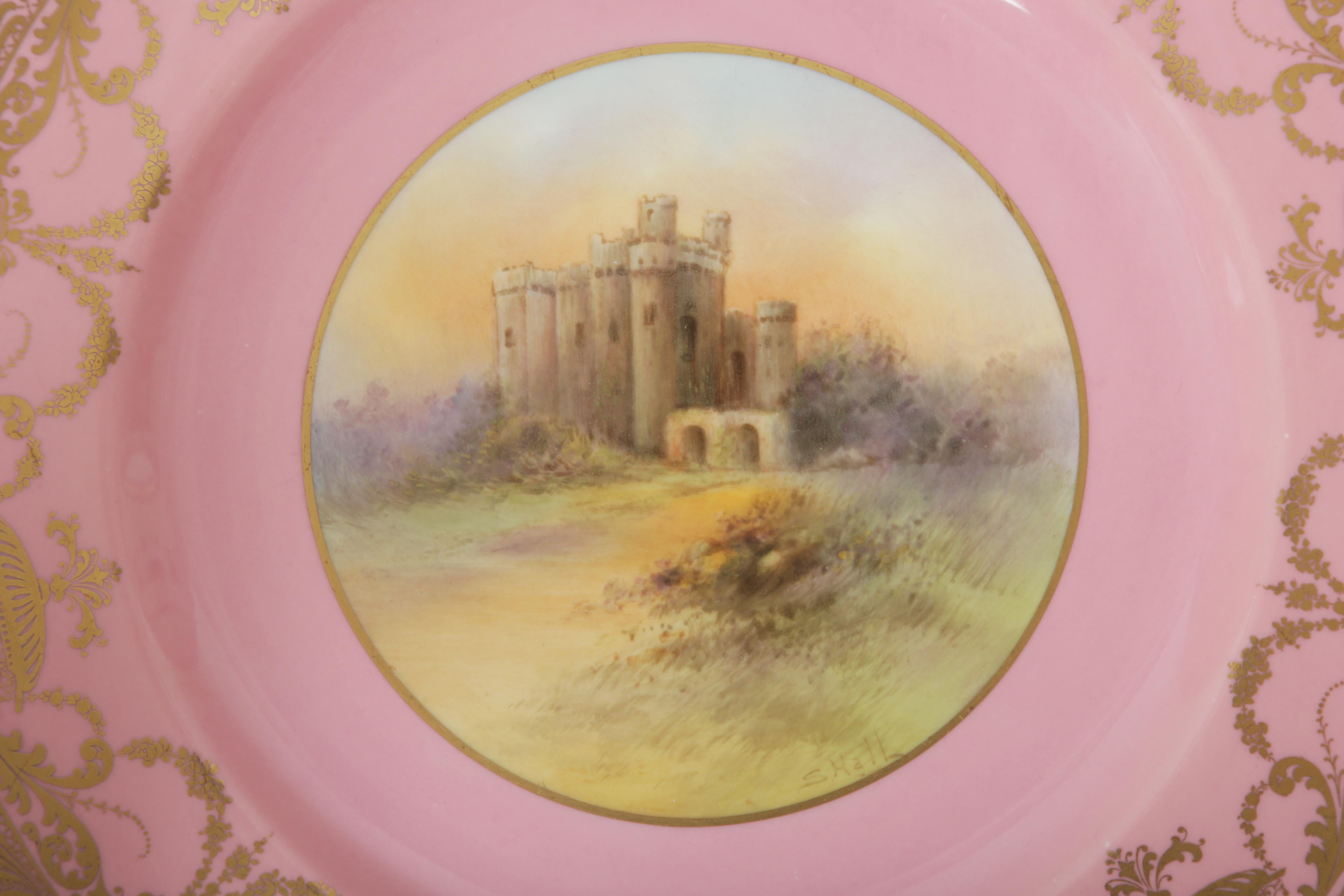 Hand-Crafted 12 Pink Gilt Hand Painted Castle Cabinet Plates. Antique English Artist Signed For Sale