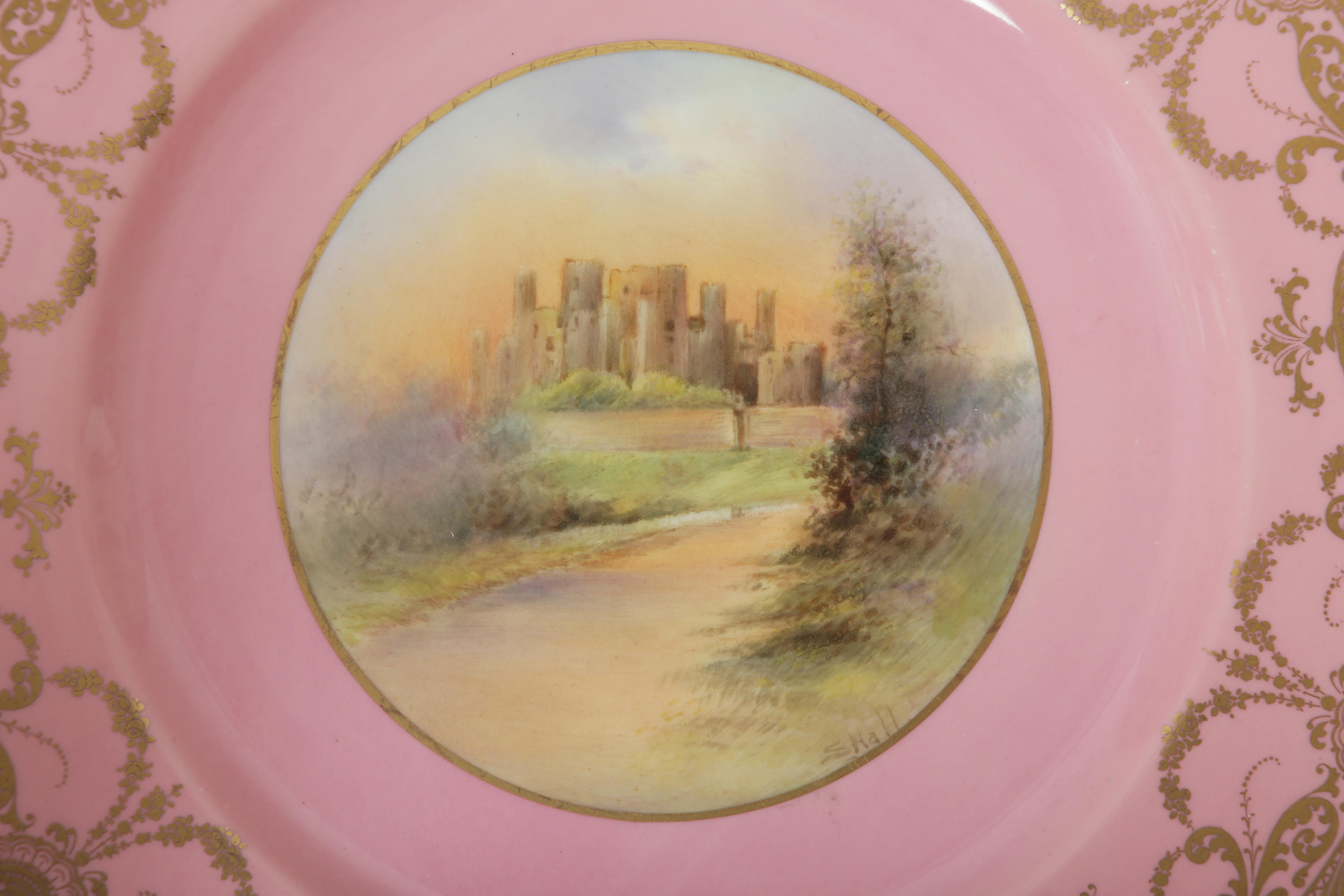 12 Pink Gilt Hand Painted Castle Cabinet Plates. Antique English Artist Signed In Good Condition For Sale In West Palm Beach, FL