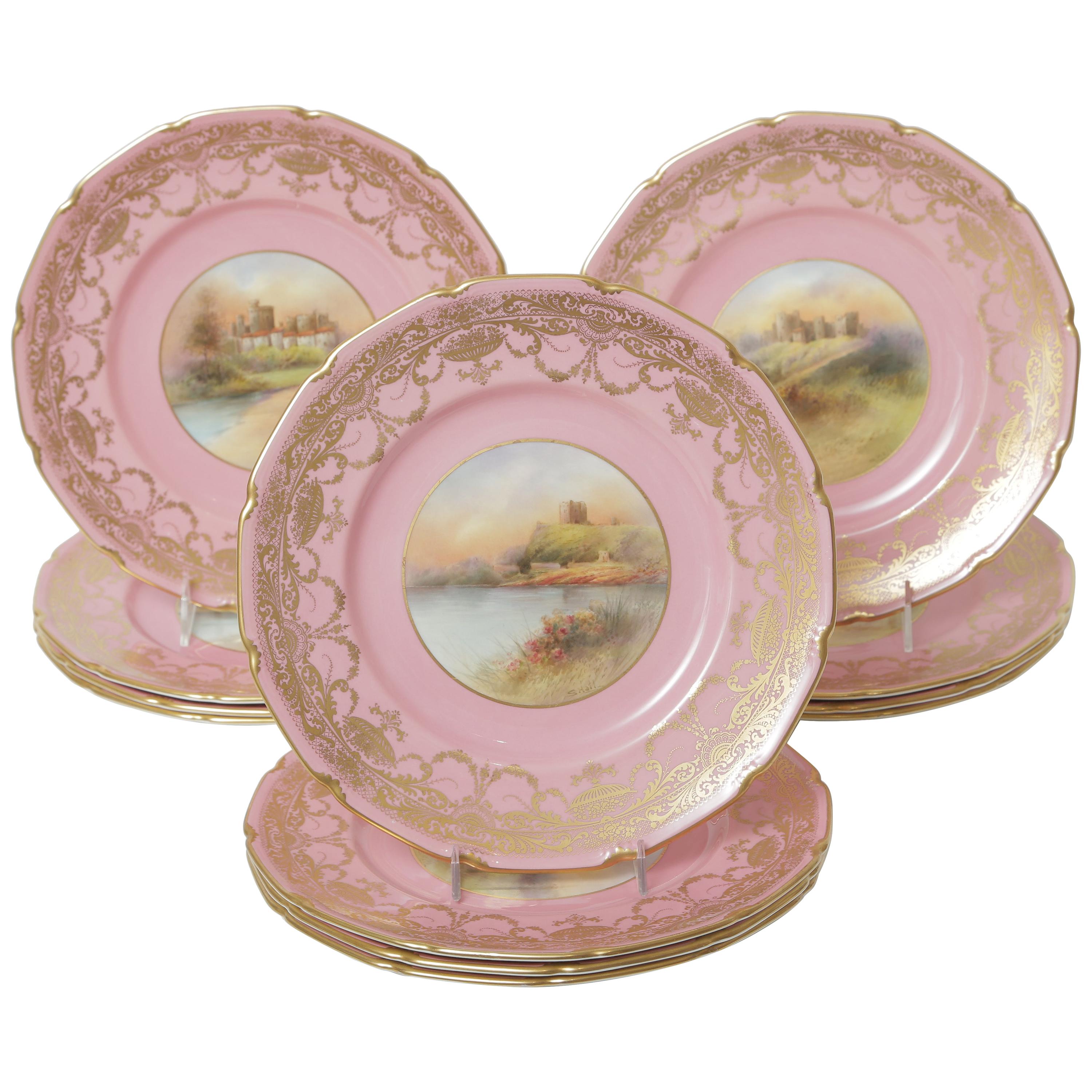 12 Pink Gilt Hand Painted Castle Cabinet Plates. Antique English Artist Signed For Sale