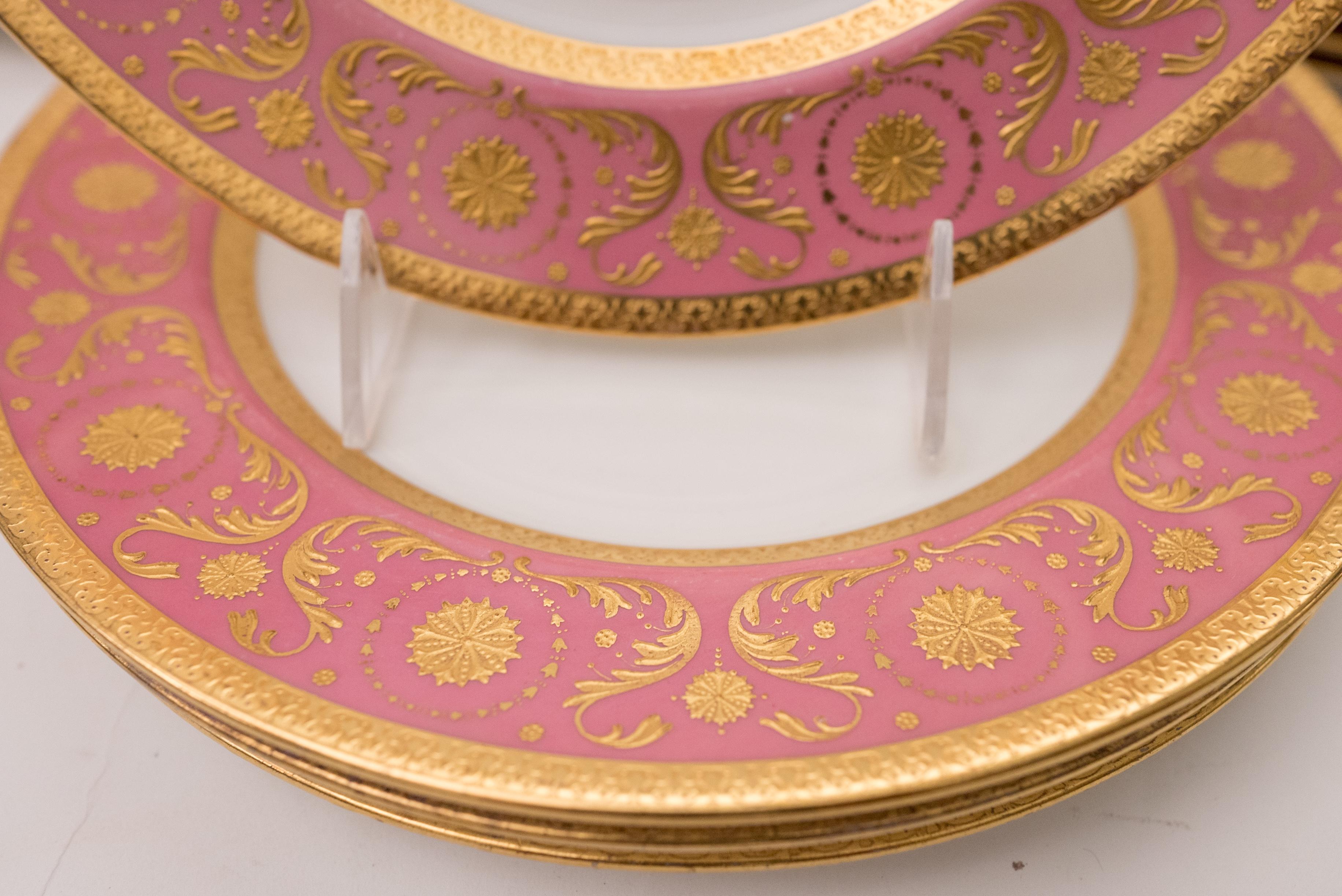 British 12 Pink & Raised Gold Encrusted Dinner Plates, Antique English, Circa 1910