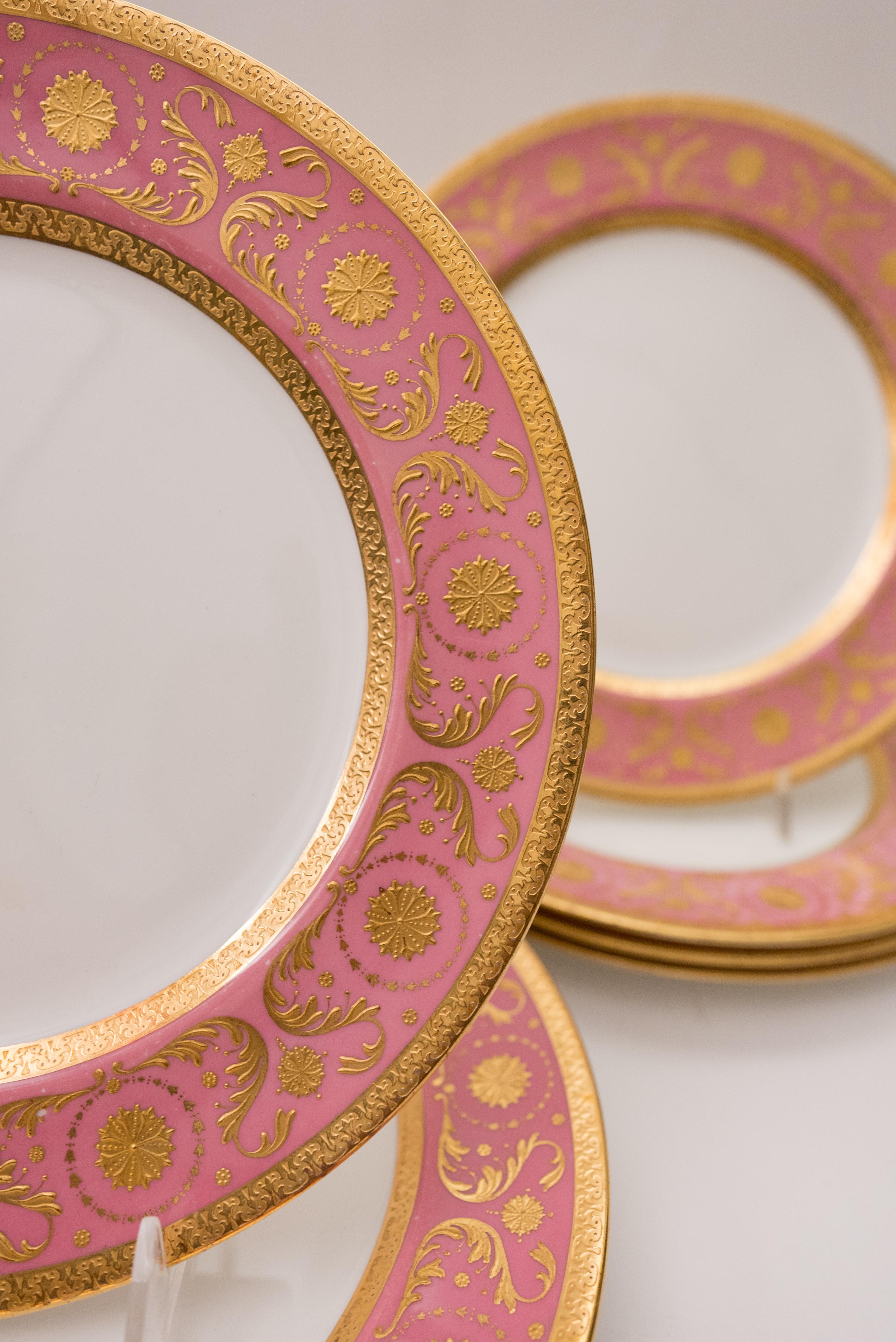 Hand-Crafted 12 Pink & Raised Gold Encrusted Dinner Plates, Antique English, Circa 1910