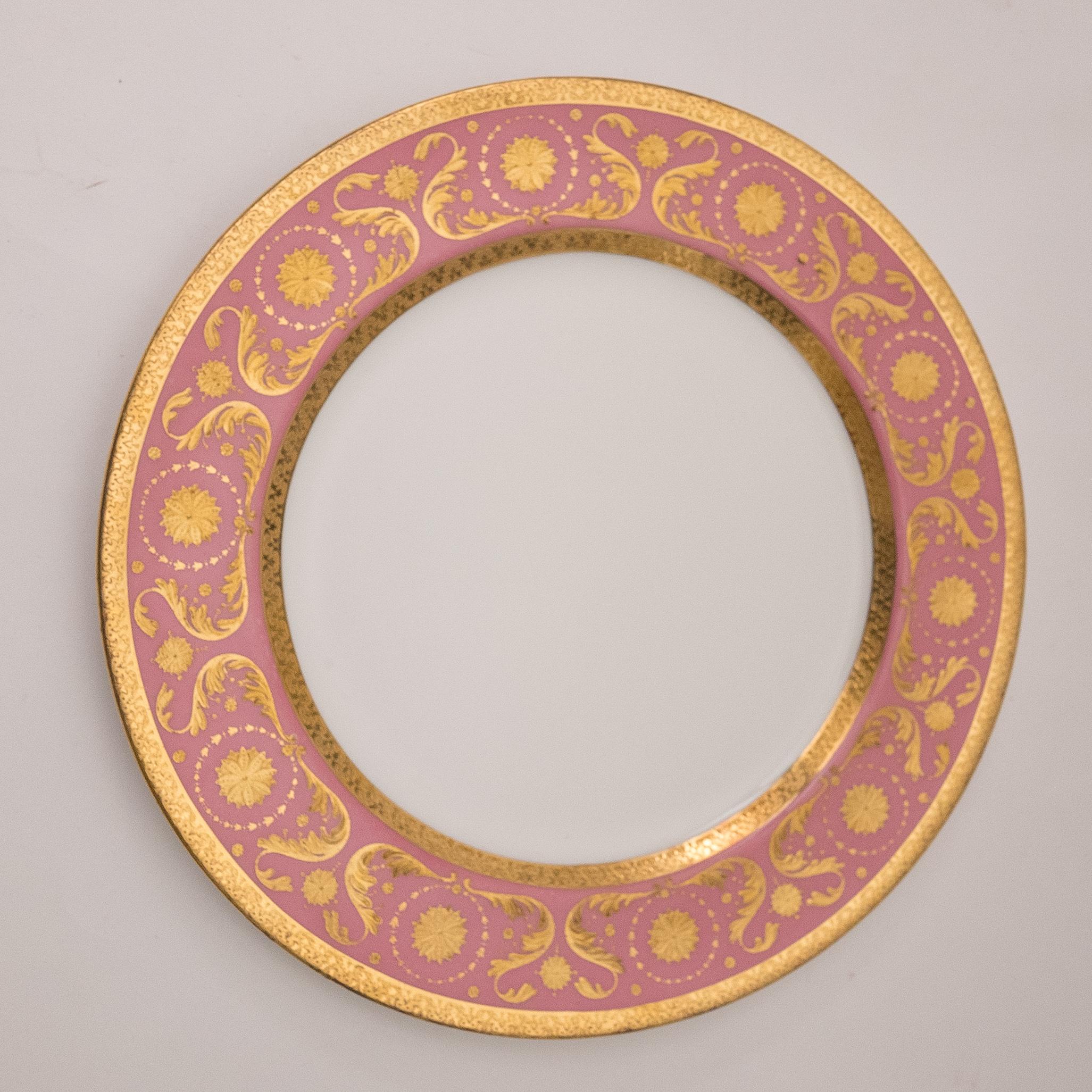 12 Pink & Raised Gold Encrusted Dinner Plates, Antique English, Circa 1910 In Good Condition In West Palm Beach, FL