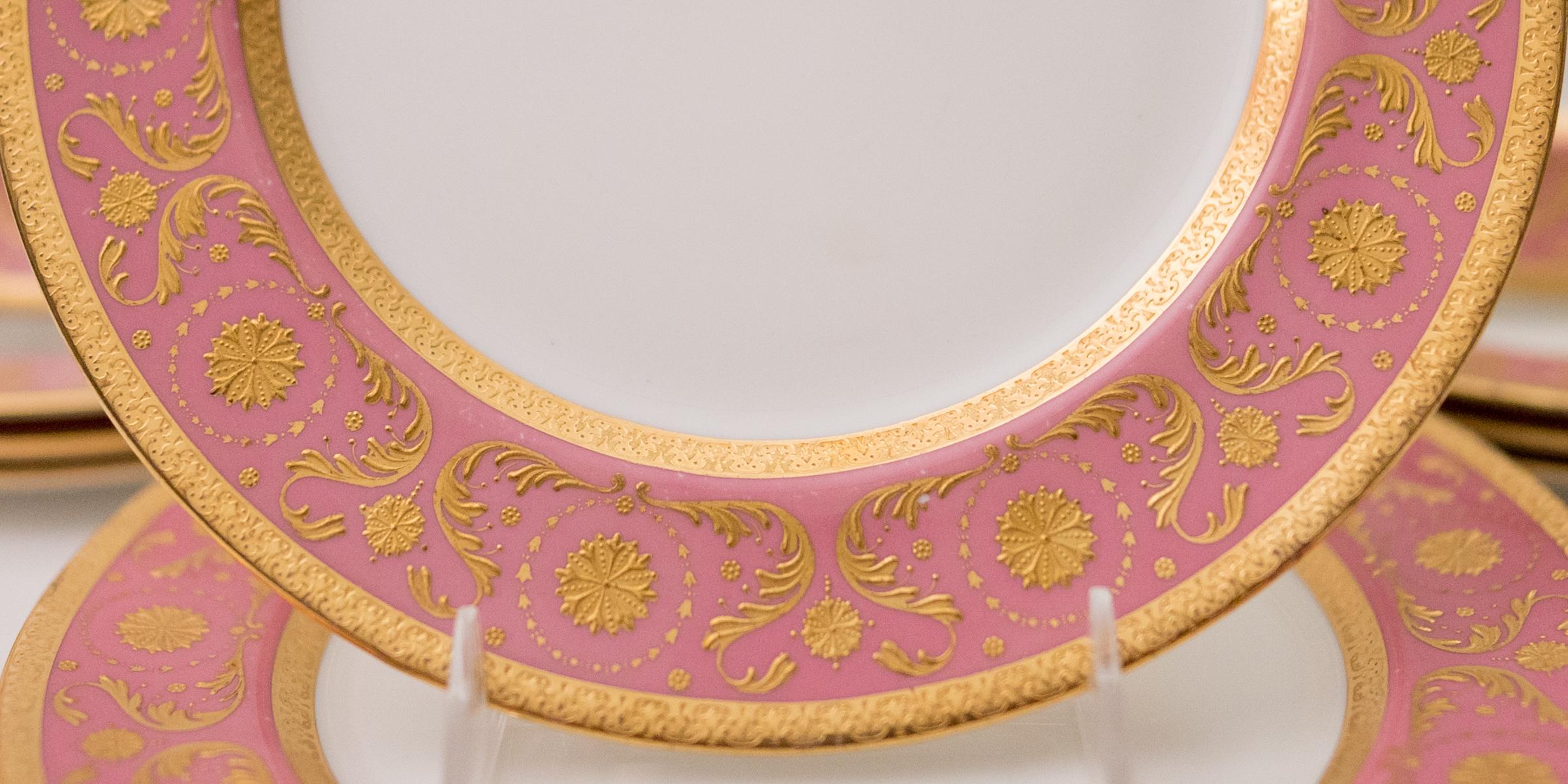 Early 20th Century 12 Pink & Raised Gold Encrusted Dinner Plates, Antique English, Circa 1910