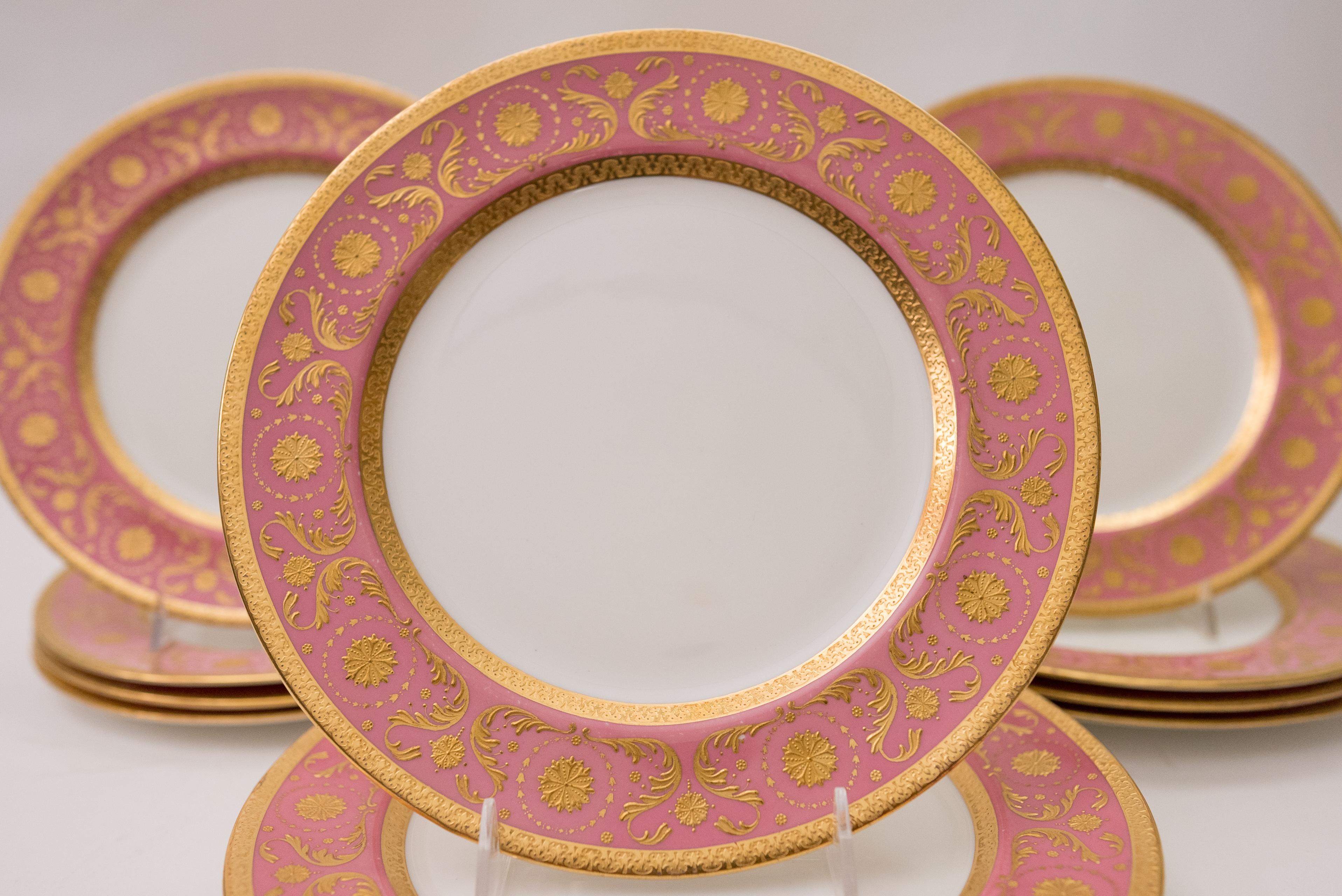 12 Pink & Raised Gold Encrusted Dinner Plates, Antique English, Circa 1910 1