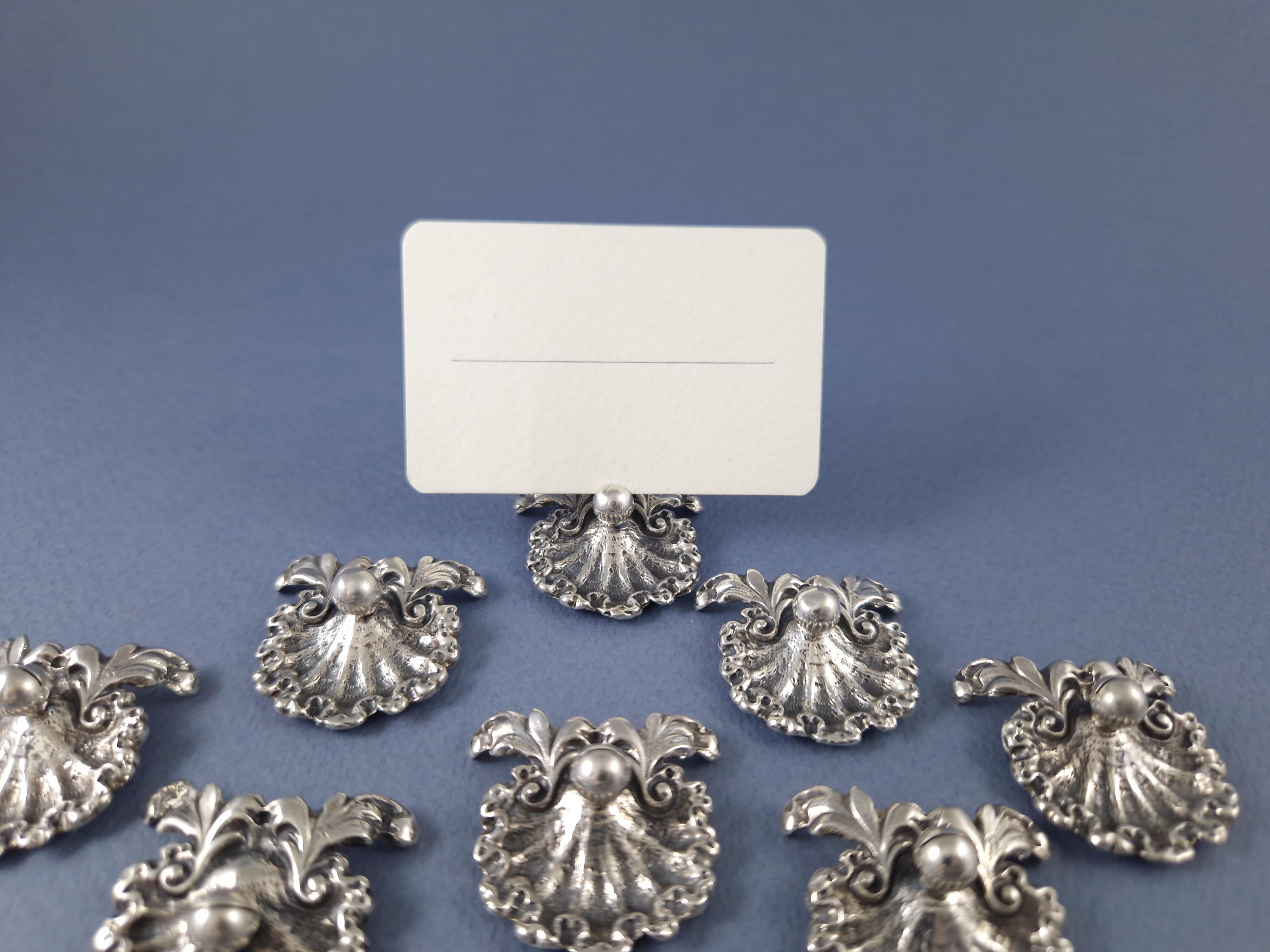 Italian 12 Place Cards Holders In Solid Silver Shell For Sale