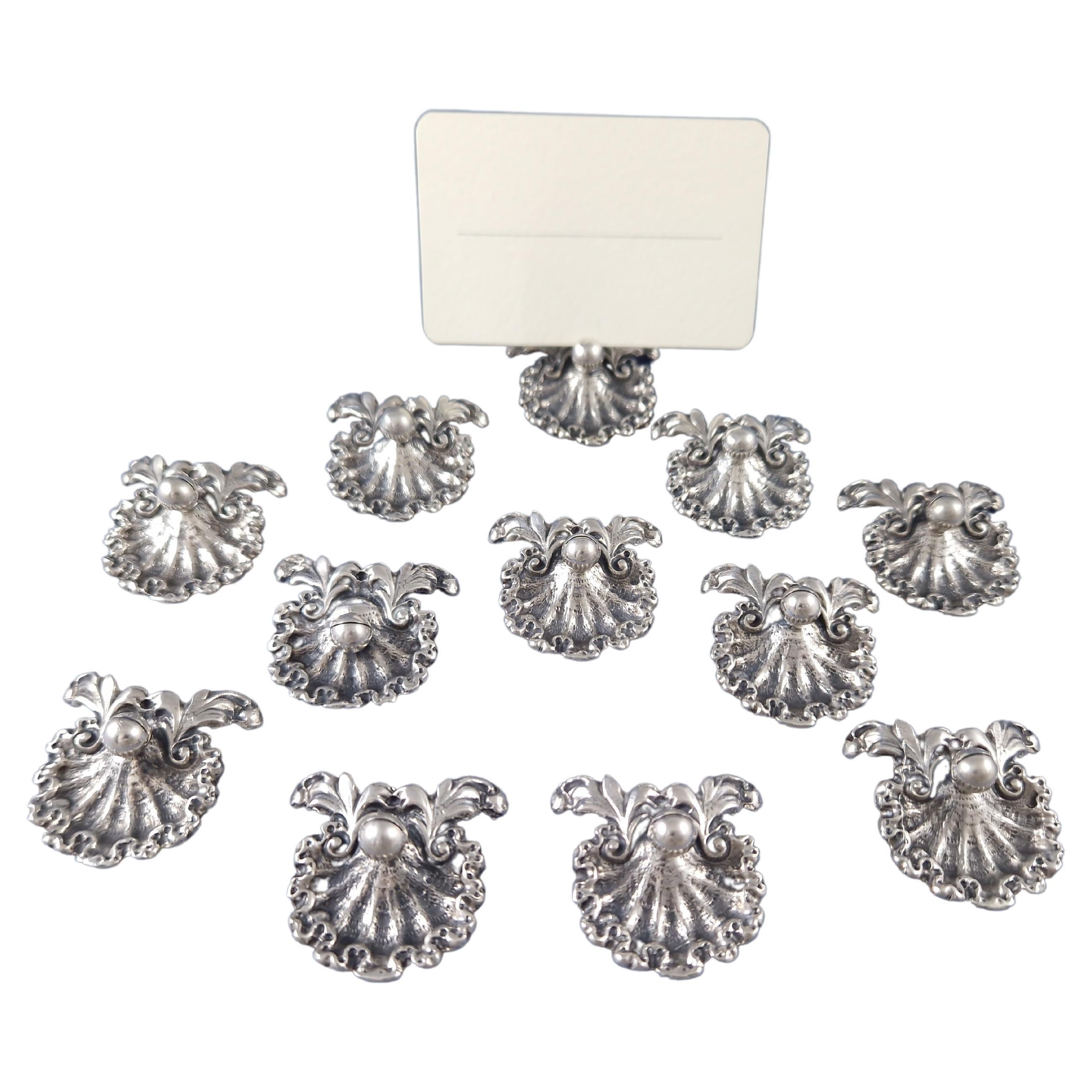 12 Place Cards Holders In Solid Silver Shell For Sale
