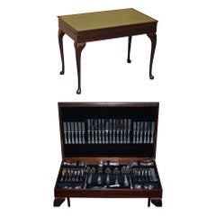 12 Place Setting Silver Plated & Espn Cutlery Set Inside Green Leather Table