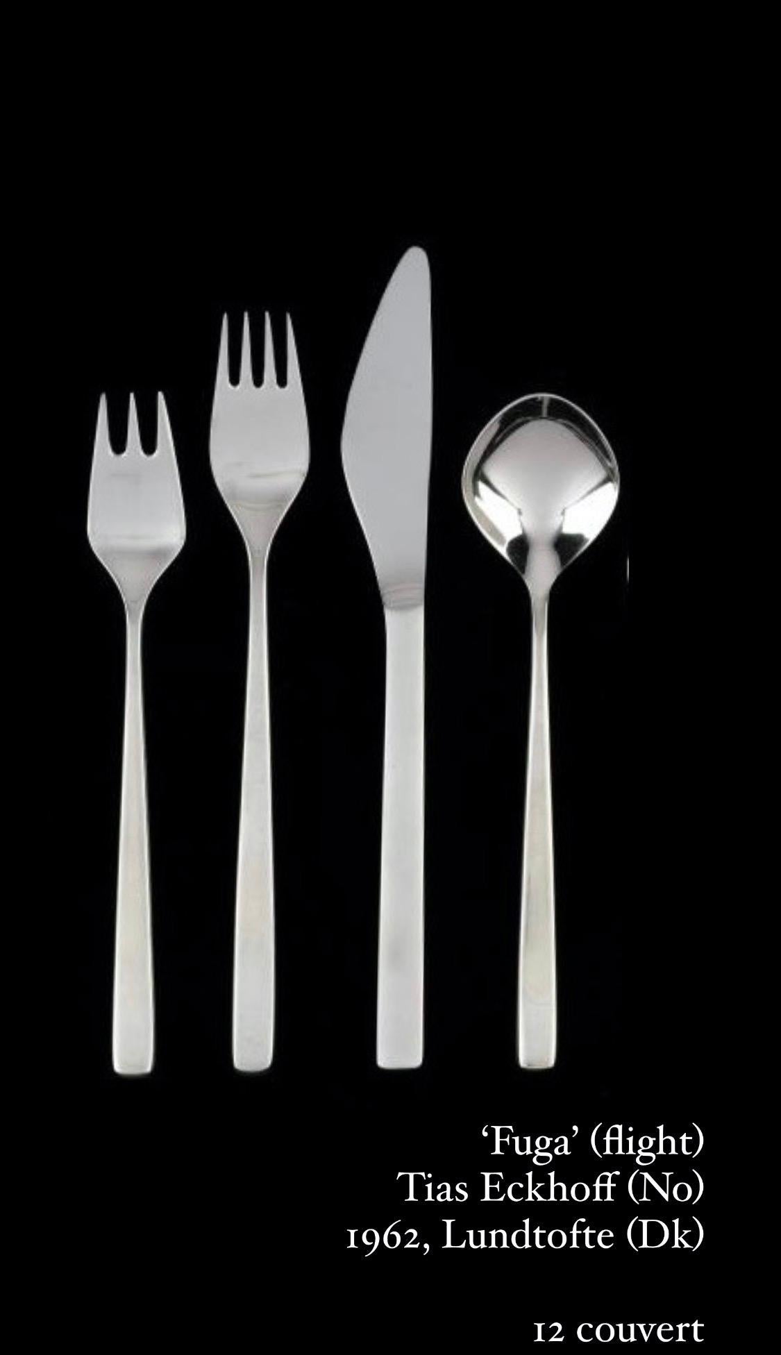 Scandinavian Midcentury Modern Flatware design “Fuga” by Norwegian designer Tias Eckhoff for Lundtofte, Denmark 1958-62. Later Gense.

12 place settings, 54 parts - not all shown !!
Stainless steel. 
Individually marked both Lundtofte and
