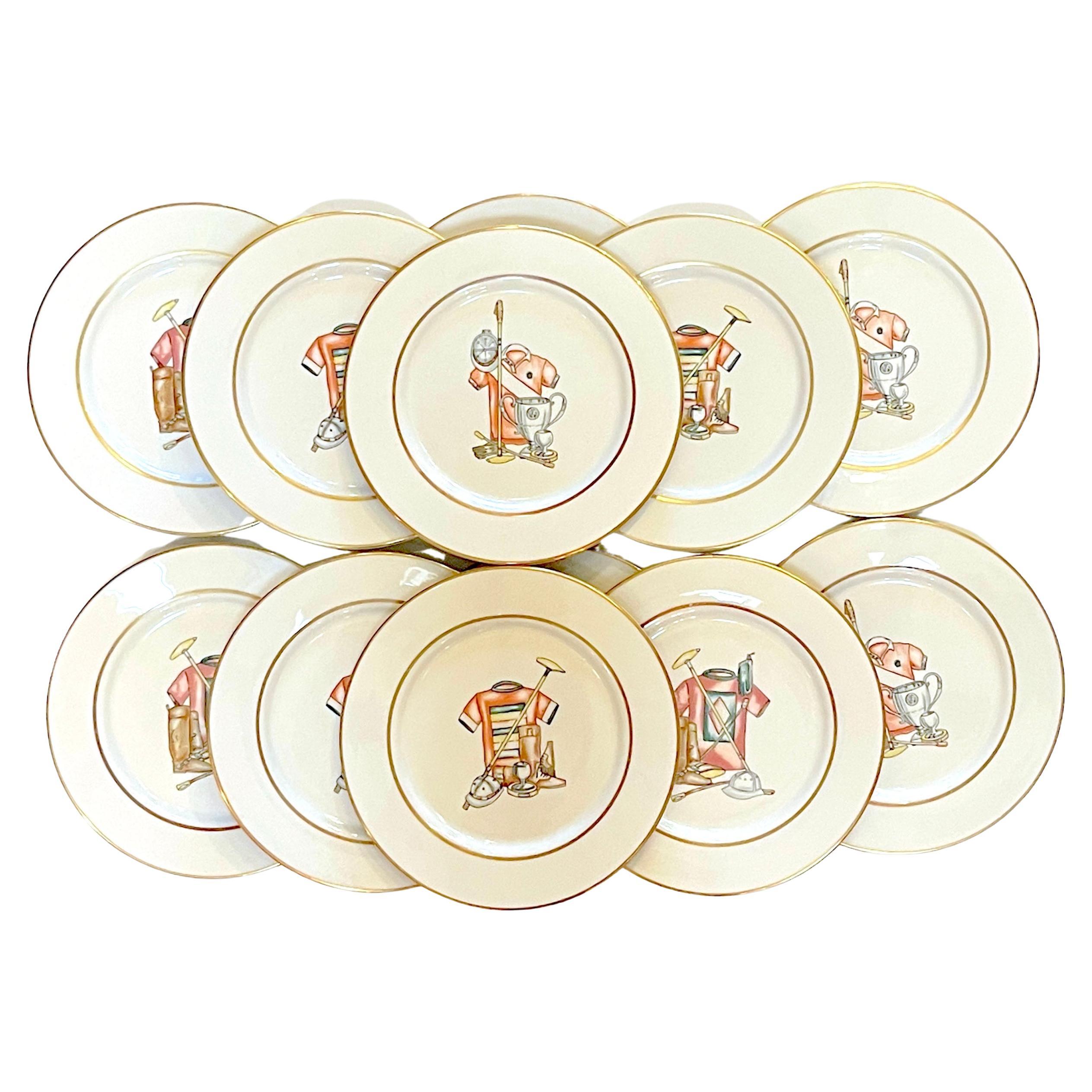 12 Polo Motif Dinner Plates, Buffalo China for Palm Beach Polo Club For Sale