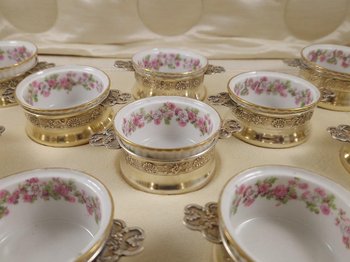 French 12 Porcelain And Sterling Silver-gilt Ramekins