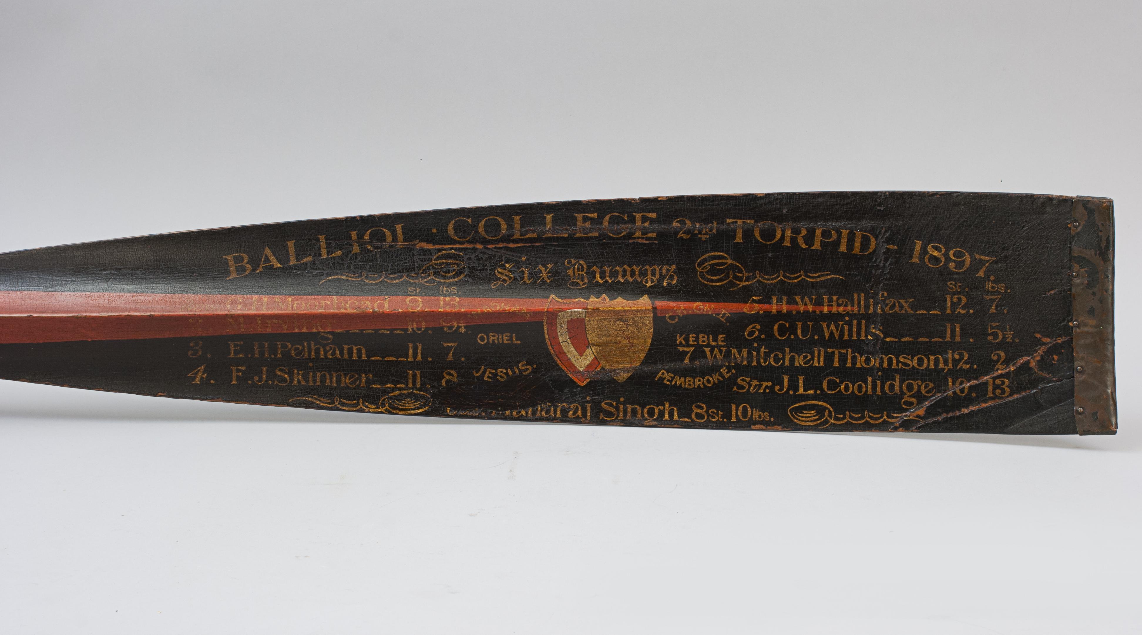 Sporting Art 12' Presentation Rowing Oar Trophy, Oxford University, 1897 Balliol For Sale