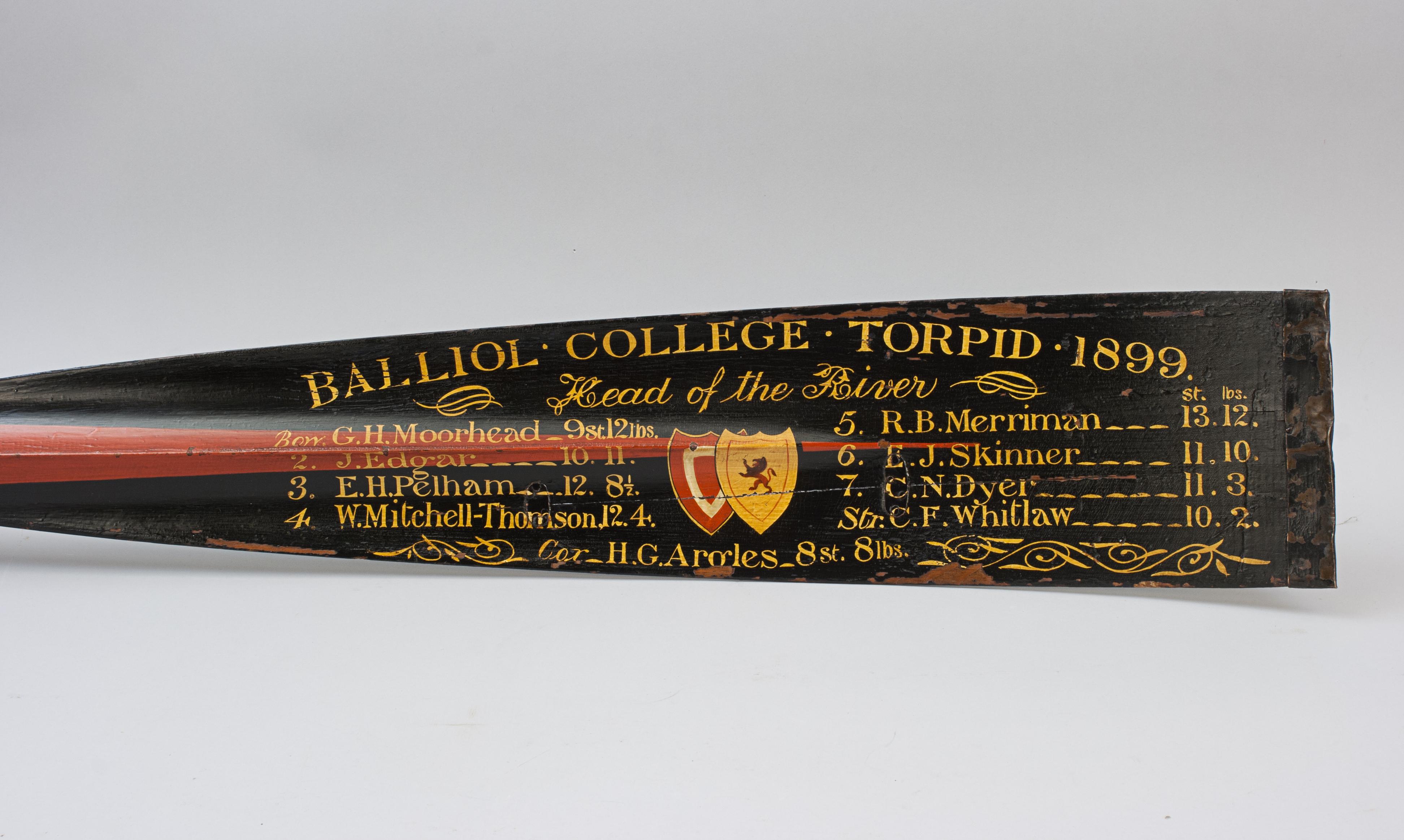 British 12' Presentation Rowing Oar Trophy, Oxford University, 1899 Balliol College For Sale
