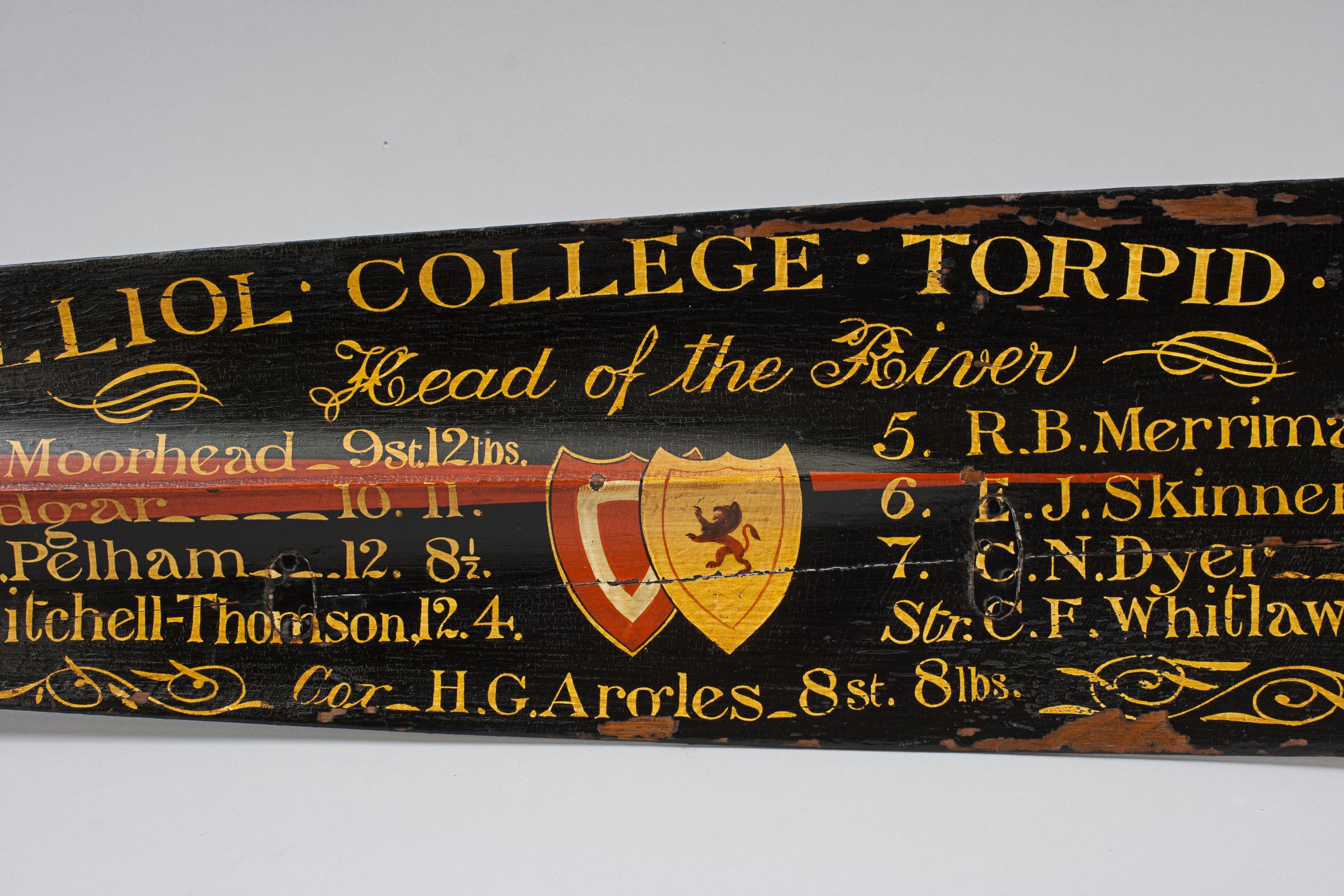 12' Presentation Rowing Oar Trophy, Oxford University, 1899 Balliol College In Good Condition For Sale In Oxfordshire, GB