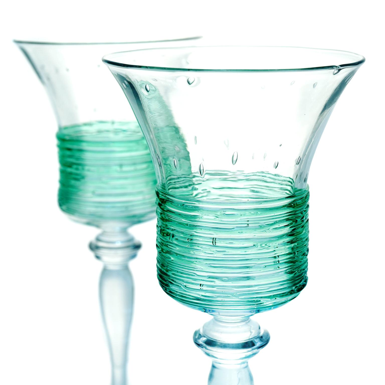 American 12 Rare Fry Glass Green Thread Water Goblets For Sale