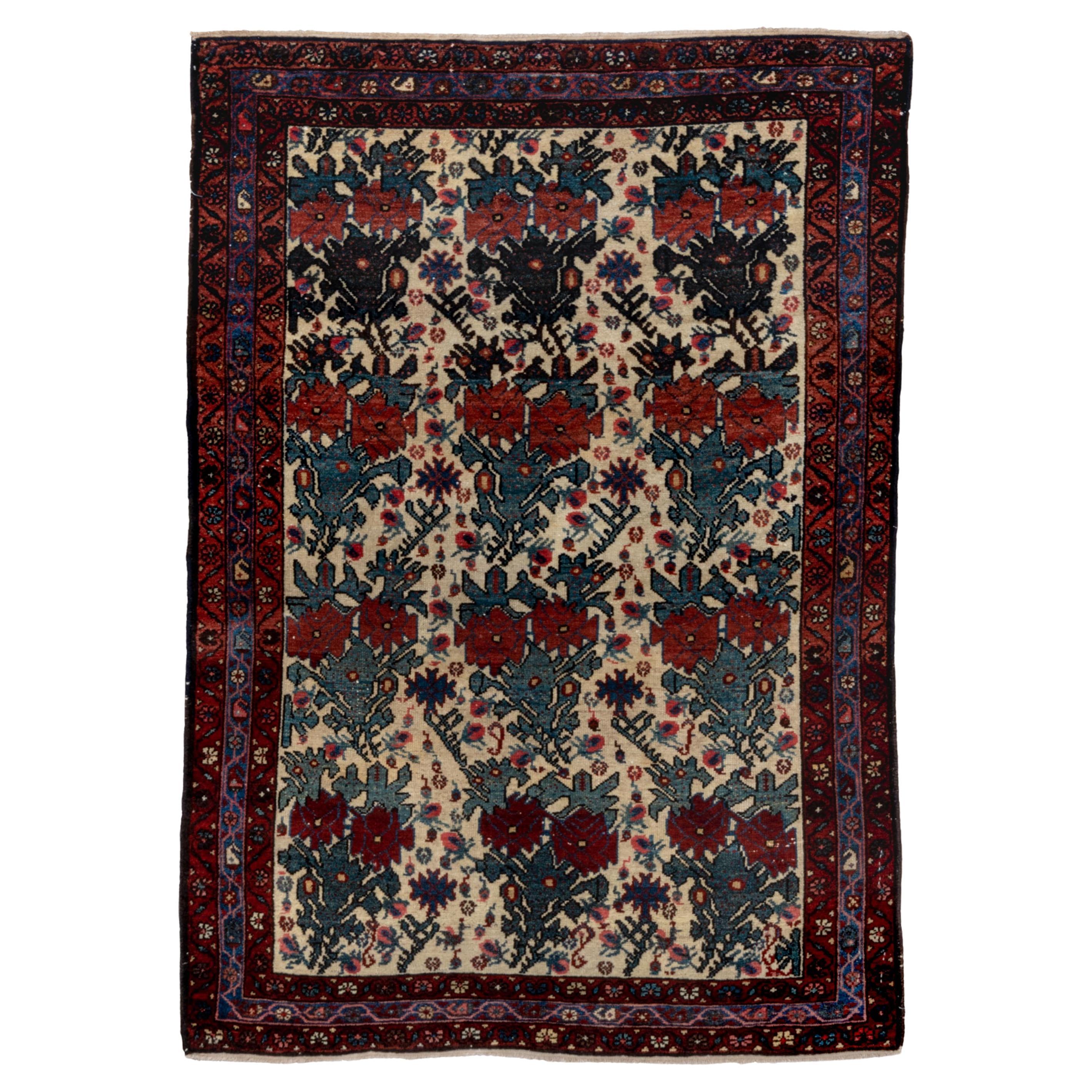 12 Rose Florets Across Center Field - Malayer Rug - Antique 1940 For Sale