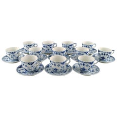 12 Royal Copenhagen Blue Fluted Half Lace Coffee Cups with Saucers, Number 1/756