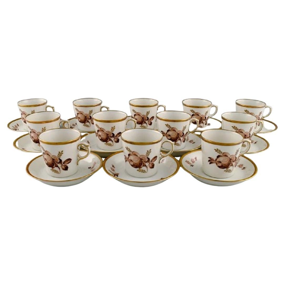 12 Royal Copenhagen Brown Rose Mocha / Coffee Cups with Saucers For Sale