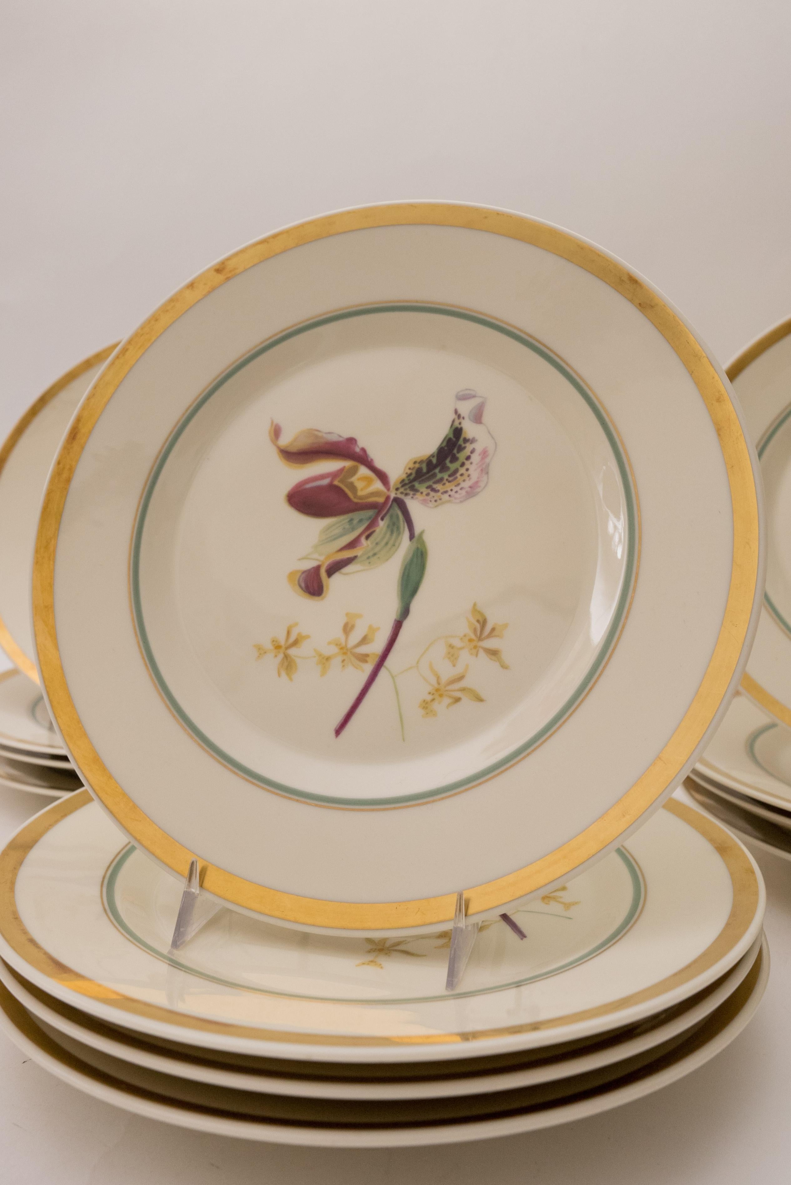 Danish 12 Royal Copenhagen Hand Painted Orchid Plates, 24 Karat Gilt Trimmed, Vintage