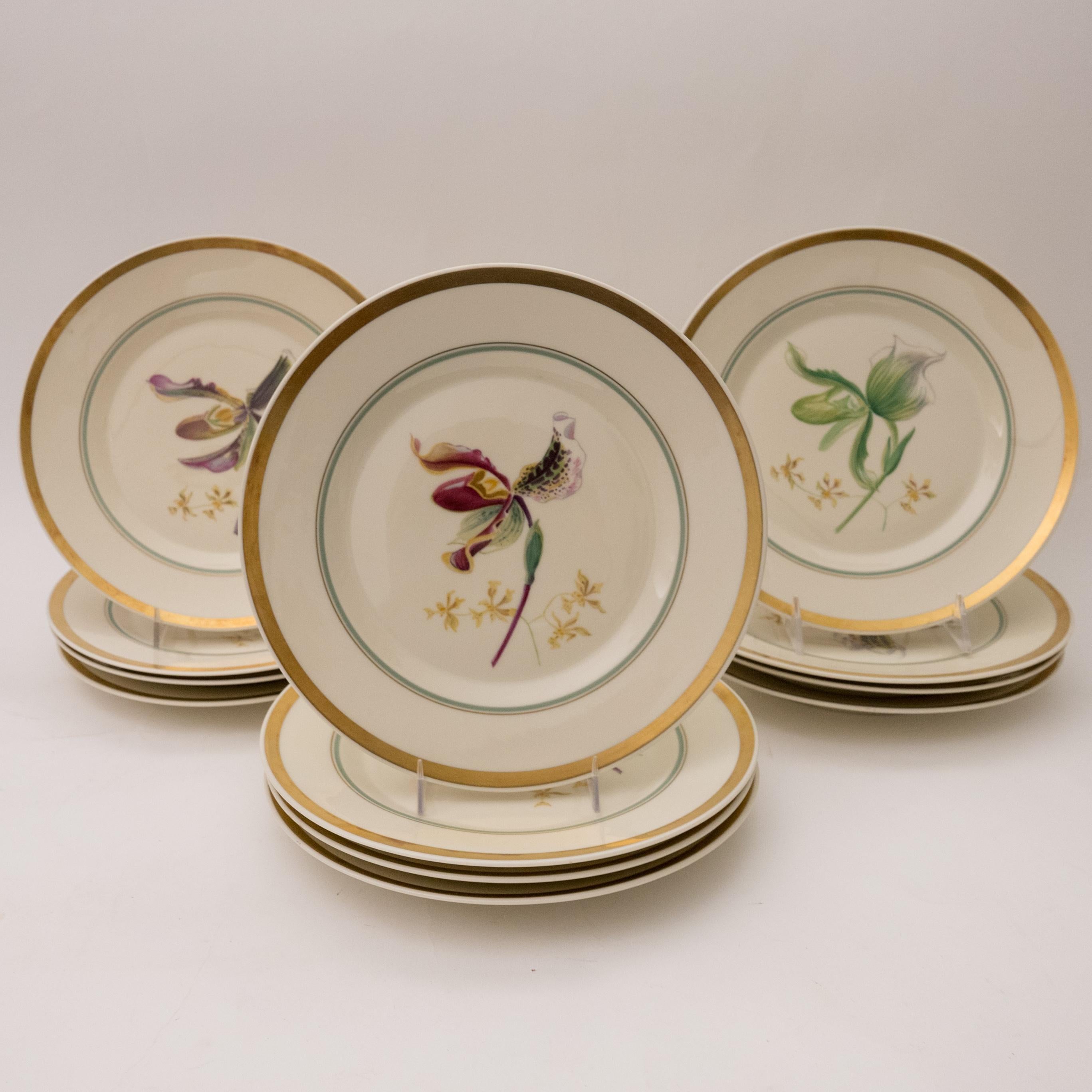 Hand-Crafted 12 Royal Copenhagen Hand Painted Orchid Plates, 24 Karat Gilt Trimmed, Vintage