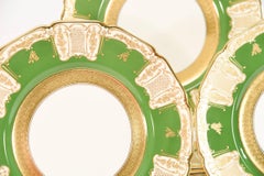 12 Royal Doulton Apple Green Dinner Plates with Raised Paste Gold & Shaped Rims