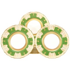 Used 12 Royal Doulton Apple Green Dinner Plates with Raised Paste Gold & Shaped Rims