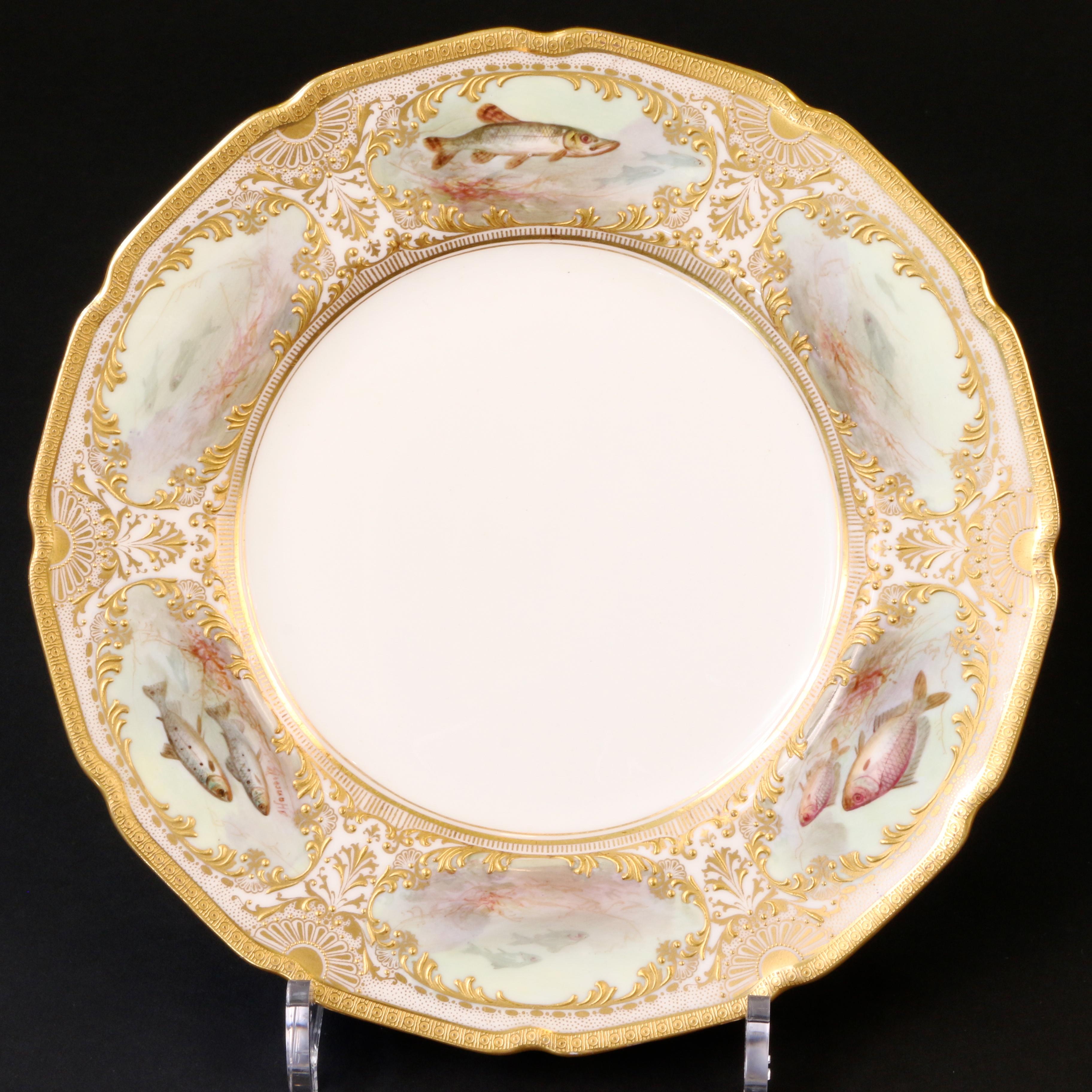 12 Royal Doulton Hand Painted and Heavily Gilded Fish Plates For Sale 2