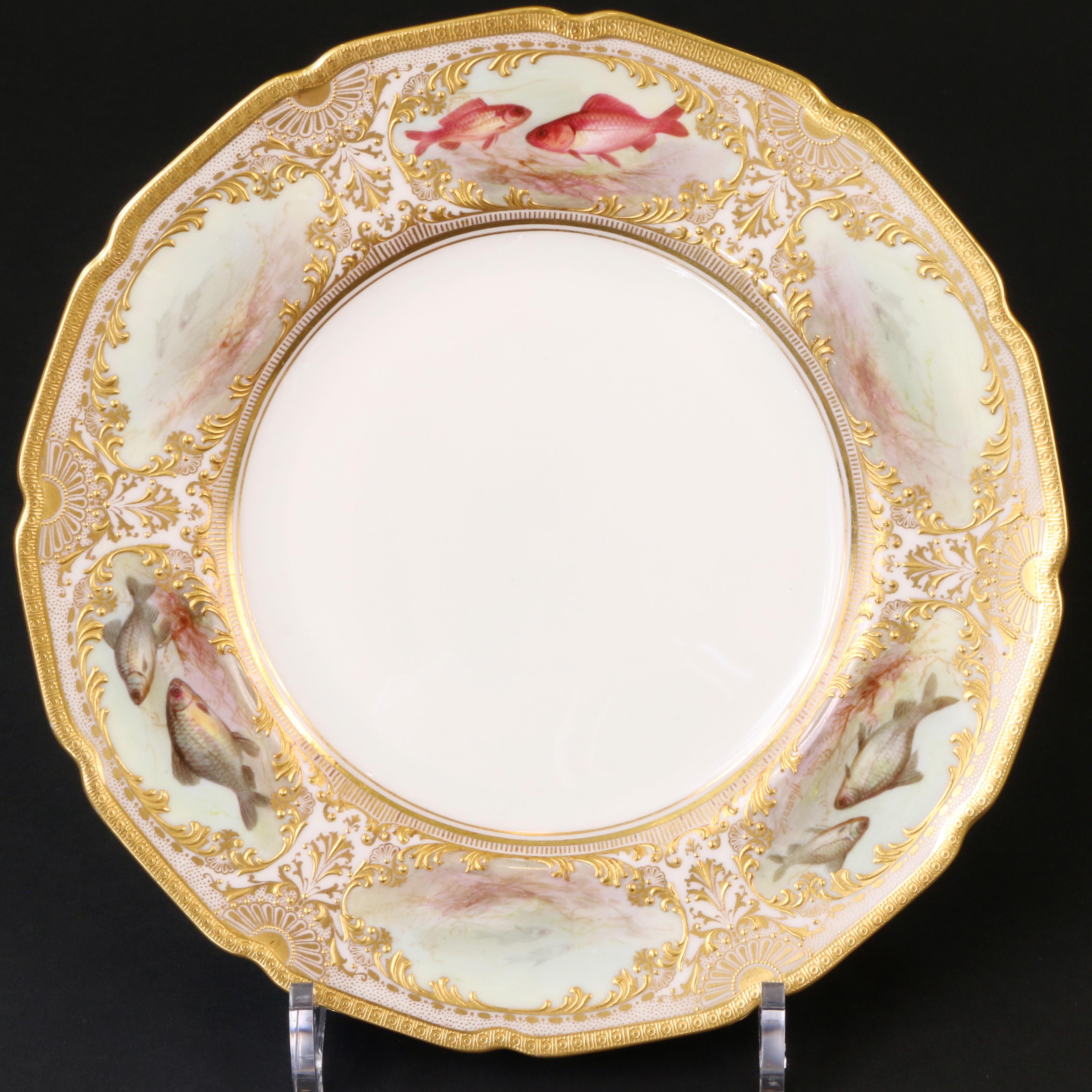 12 Royal Doulton Hand Painted and Heavily Gilded Fish Plates For Sale 3