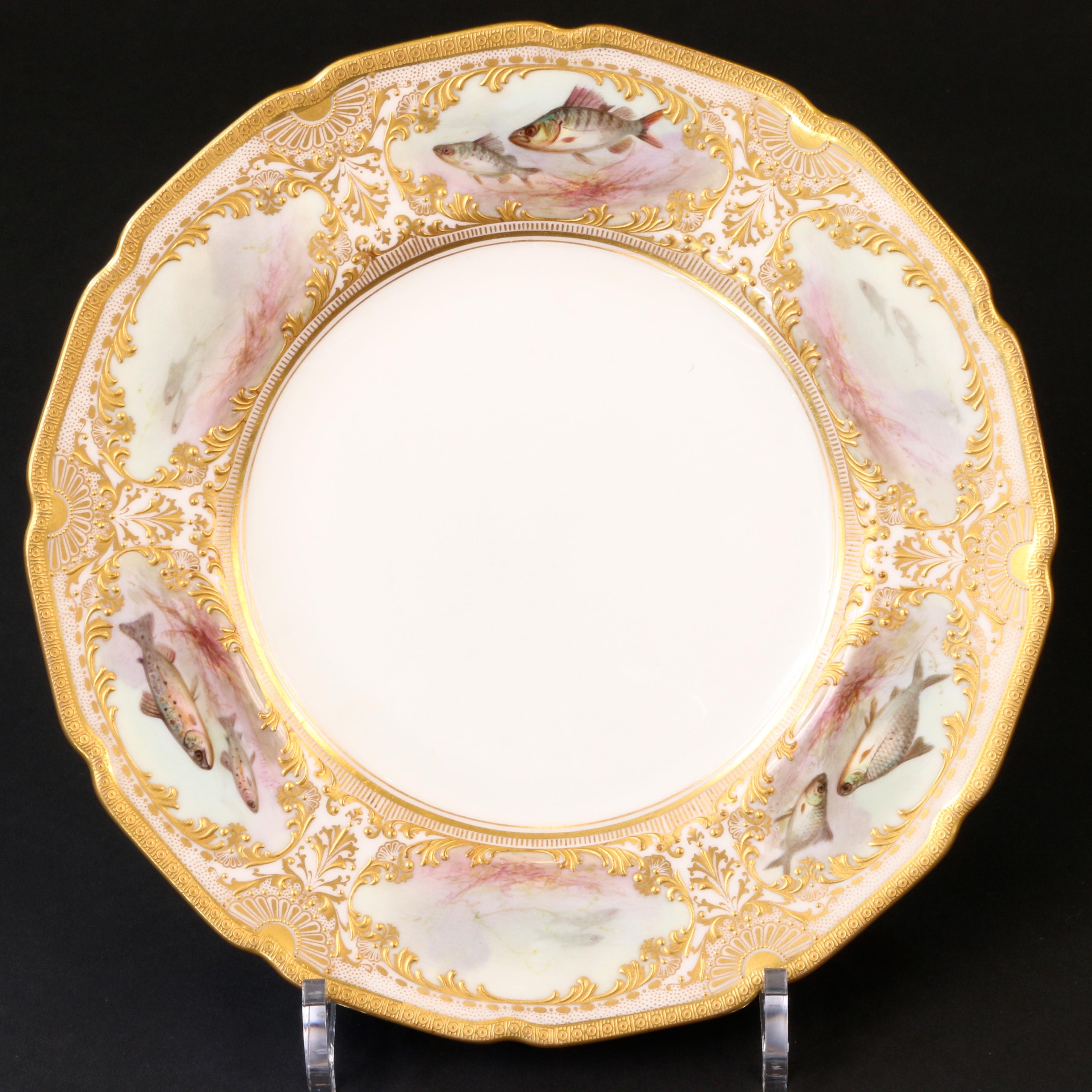 12 Royal Doulton Hand Painted and Heavily Gilded Fish Plates For Sale 4