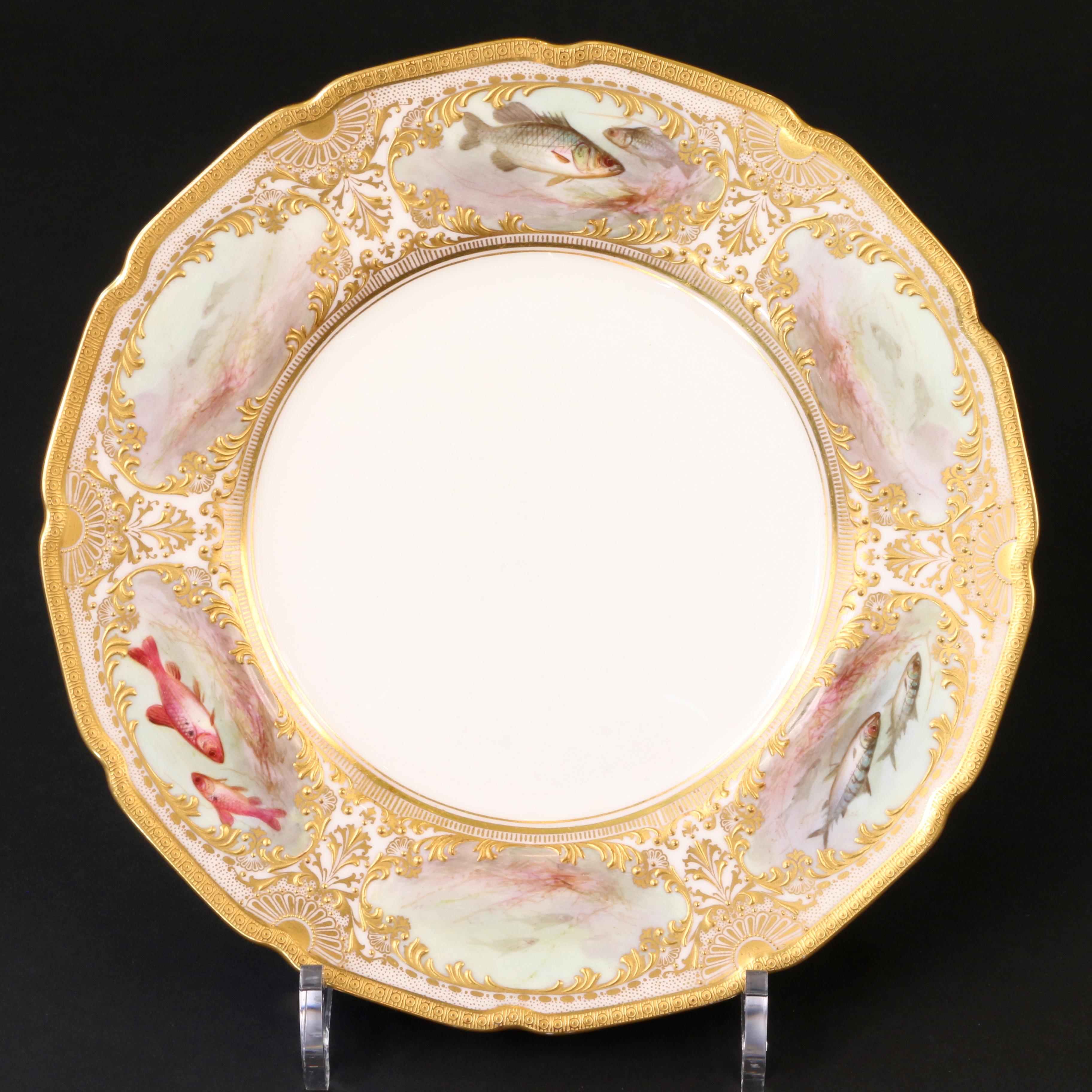 12 Royal Doulton Hand Painted and Heavily Gilded Fish Plates For Sale 5