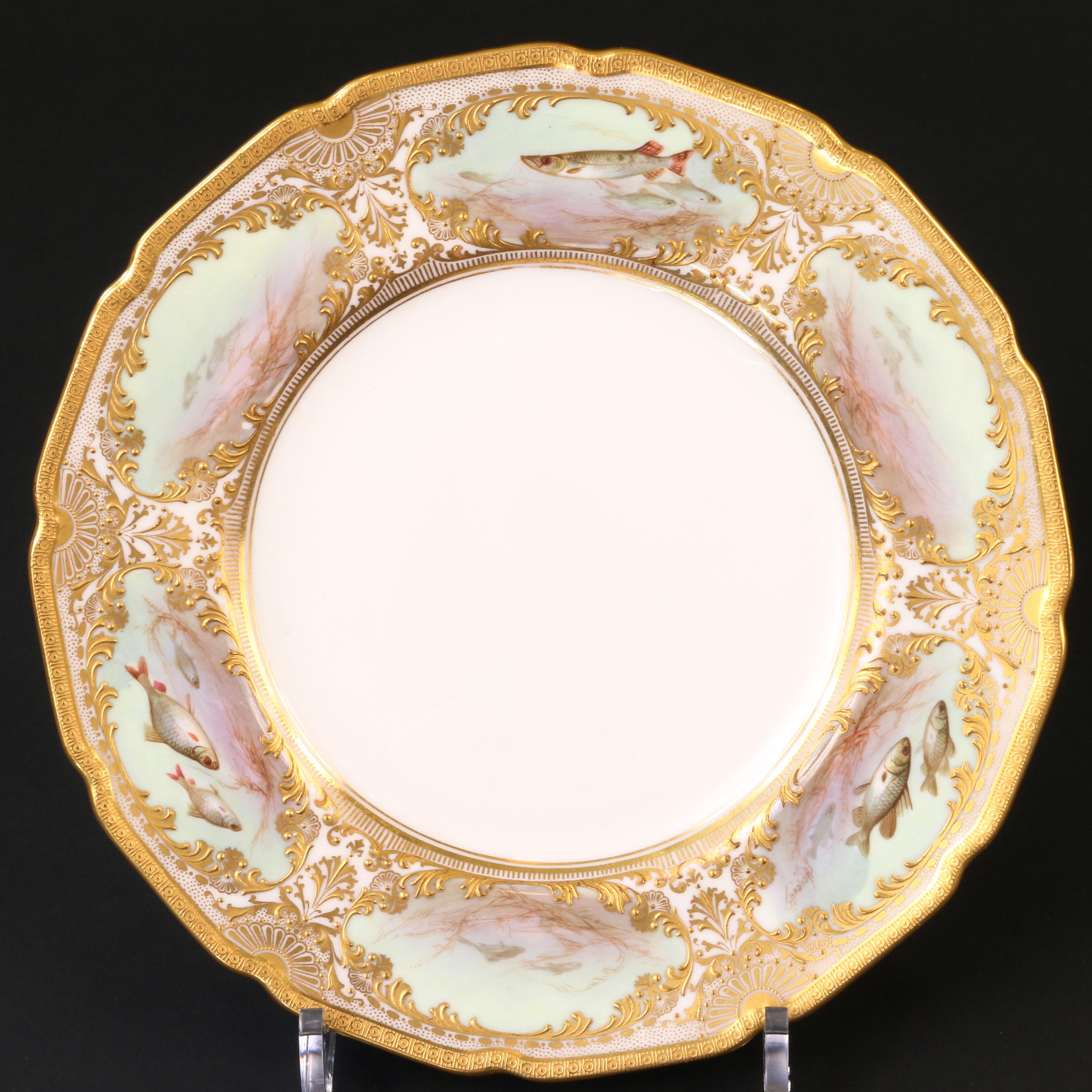 12 Royal Doulton Hand Painted and Heavily Gilded Fish Plates For Sale 6