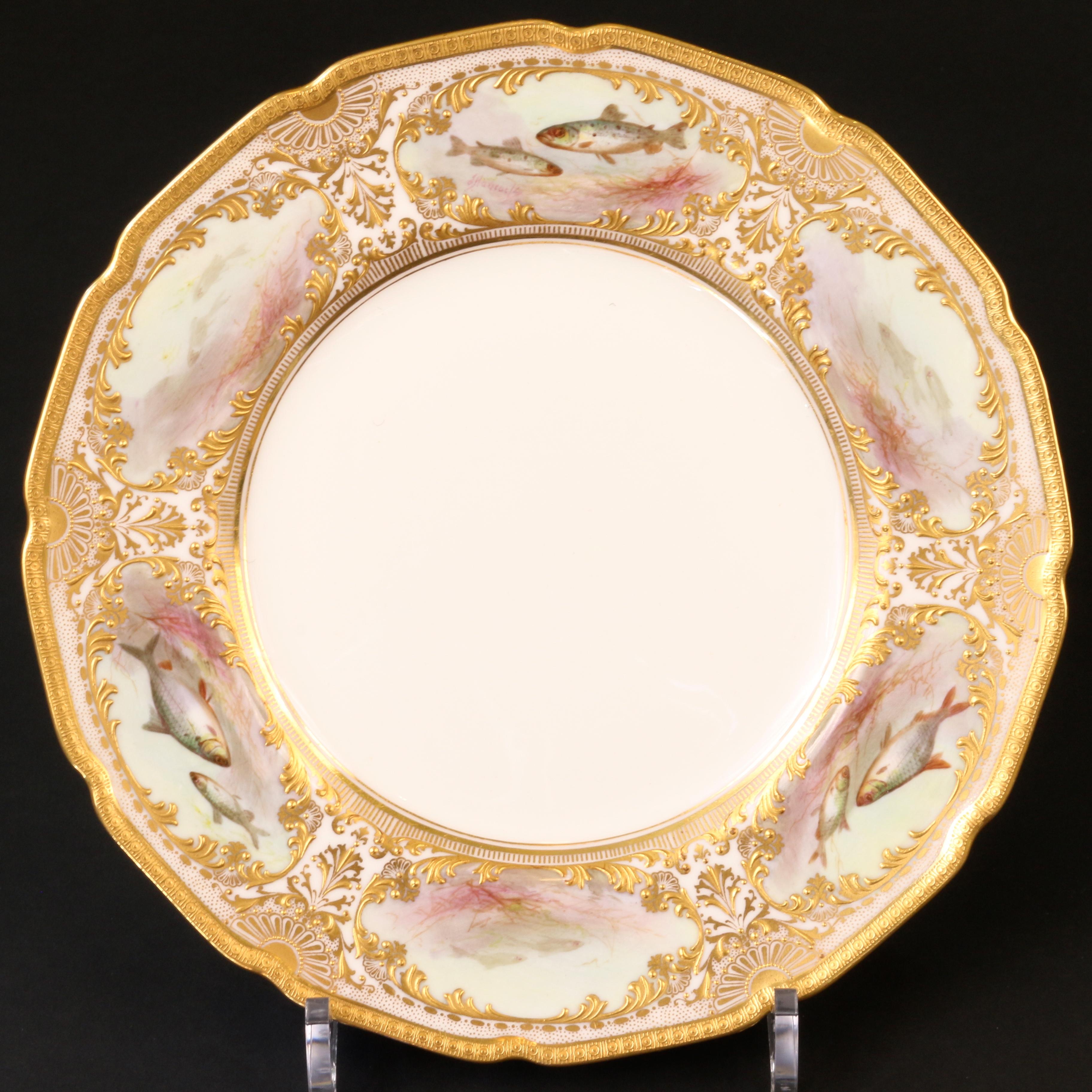 12 Royal Doulton Hand Painted and Heavily Gilded Fish Plates For Sale 7