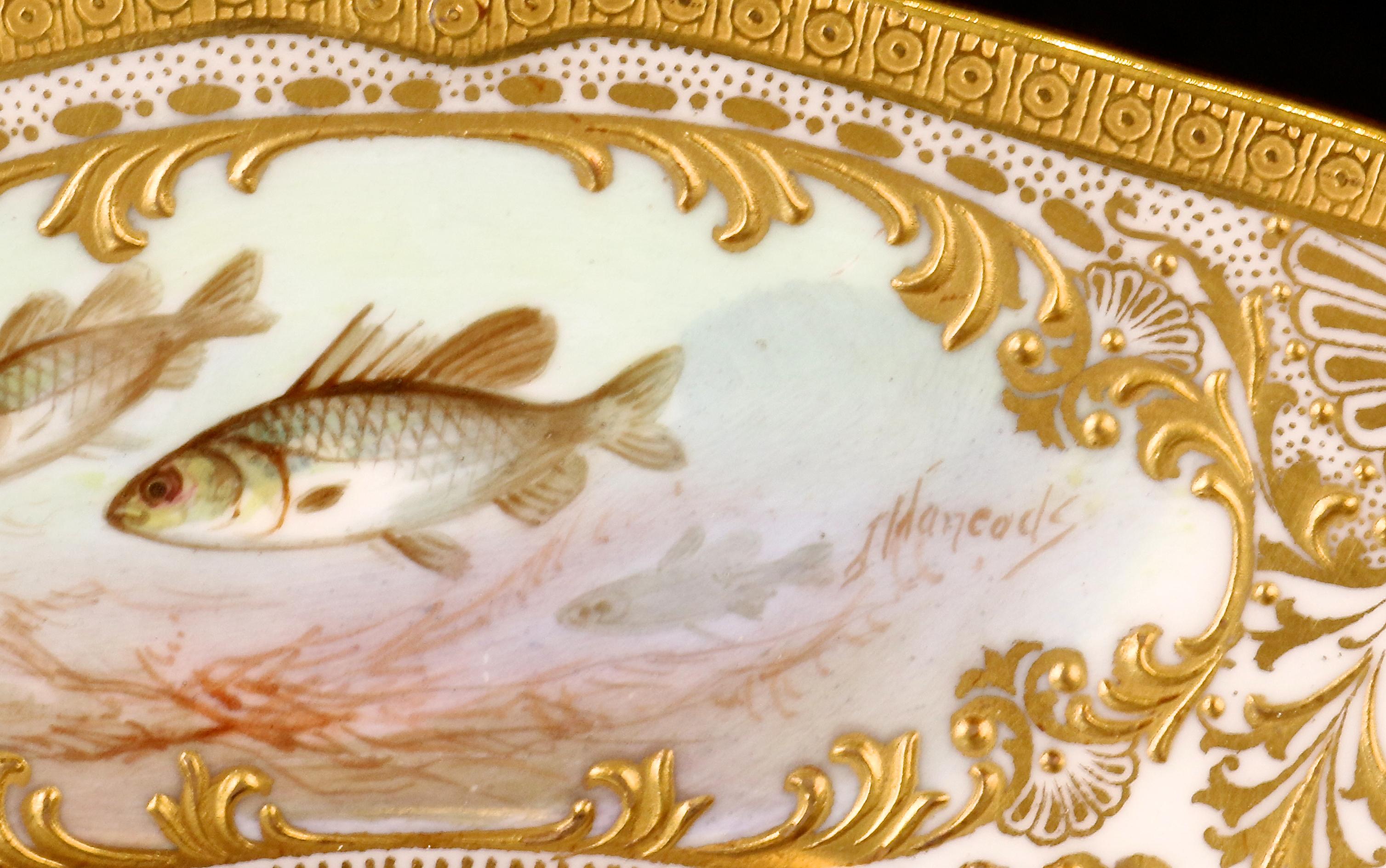 Aesthetic Movement 12 Royal Doulton Hand Painted and Heavily Gilded Fish Plates For Sale