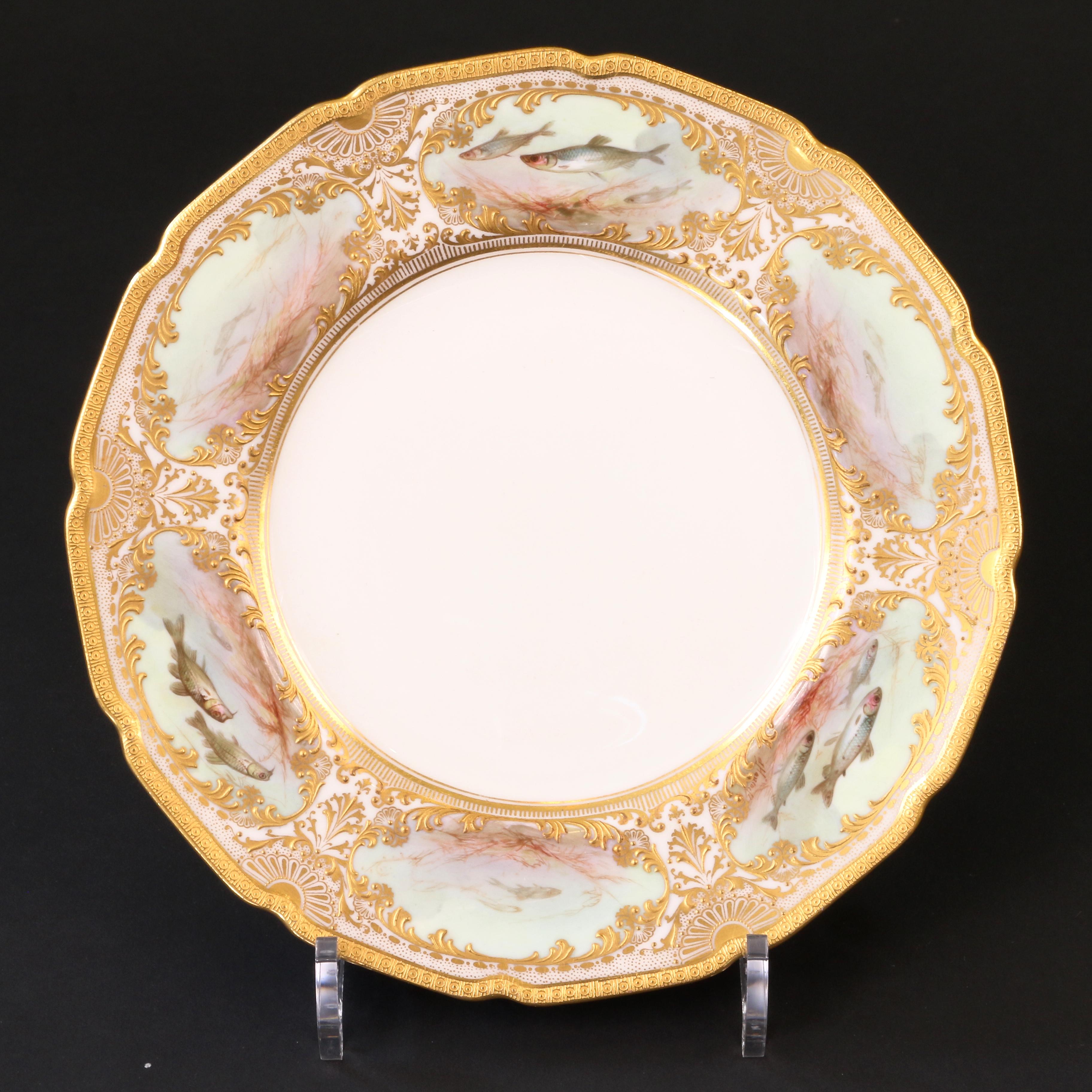 Hand-Painted 12 Royal Doulton Hand Painted and Heavily Gilded Fish Plates For Sale