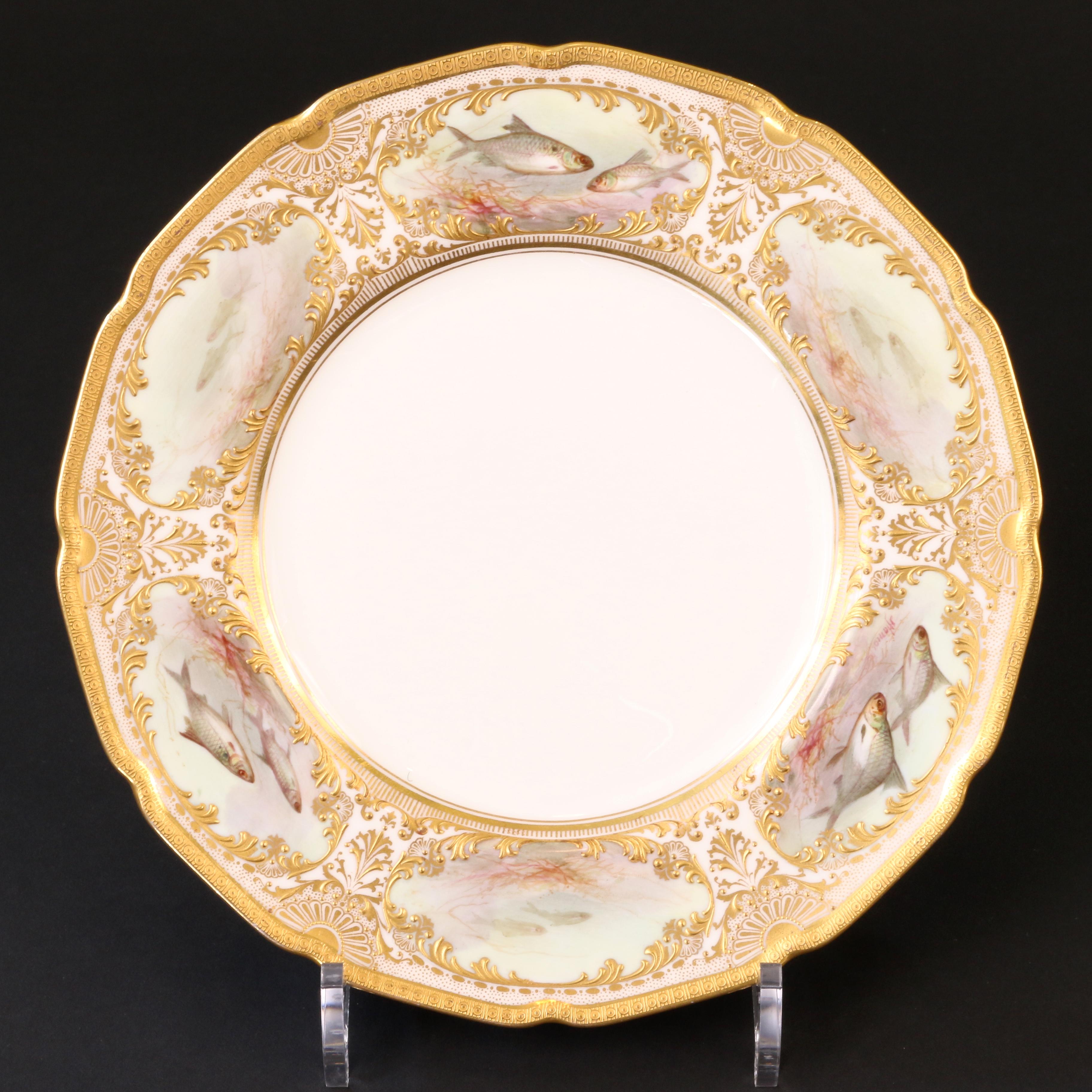 Early 20th Century 12 Royal Doulton Hand Painted and Heavily Gilded Fish Plates For Sale