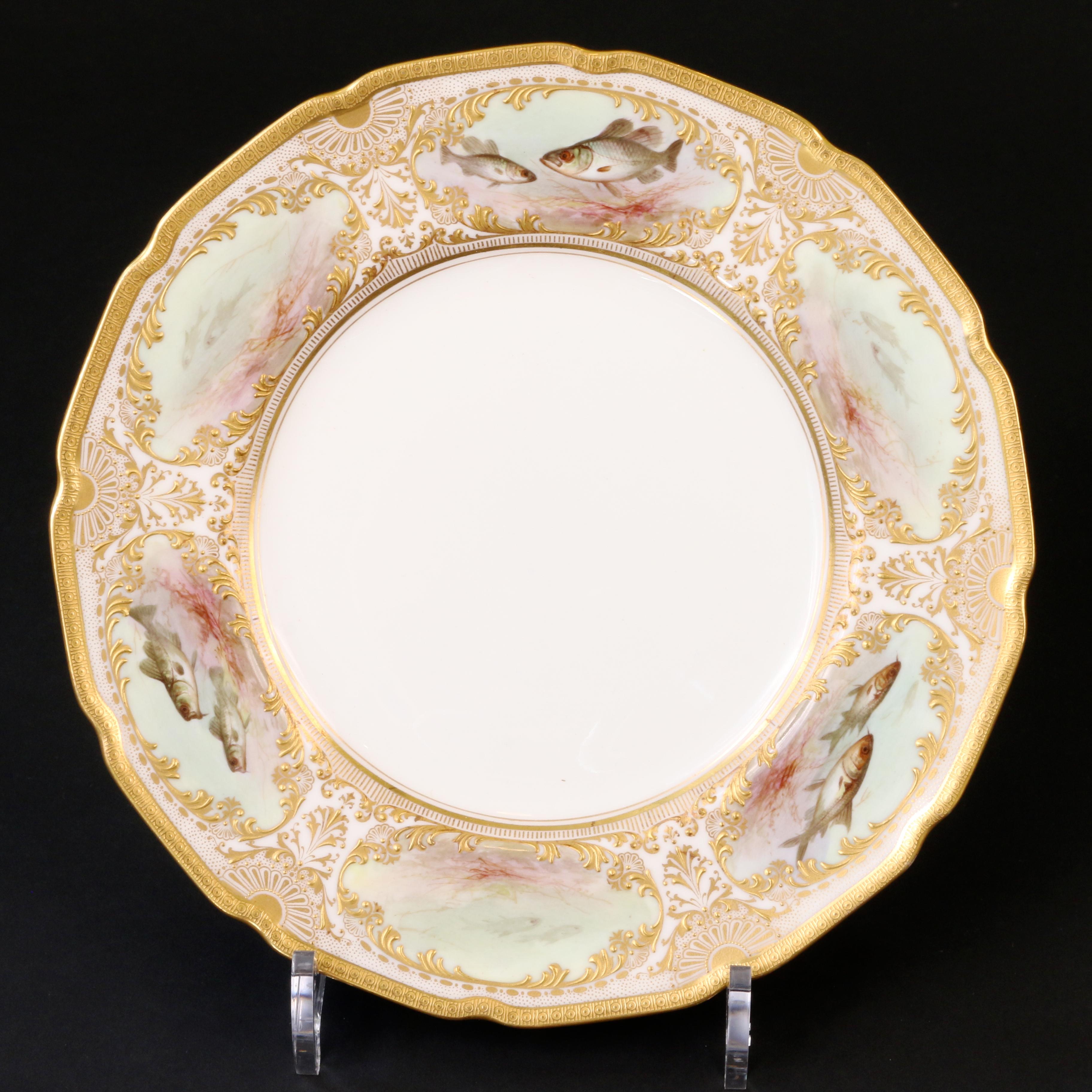 Porcelain 12 Royal Doulton Hand Painted and Heavily Gilded Fish Plates For Sale