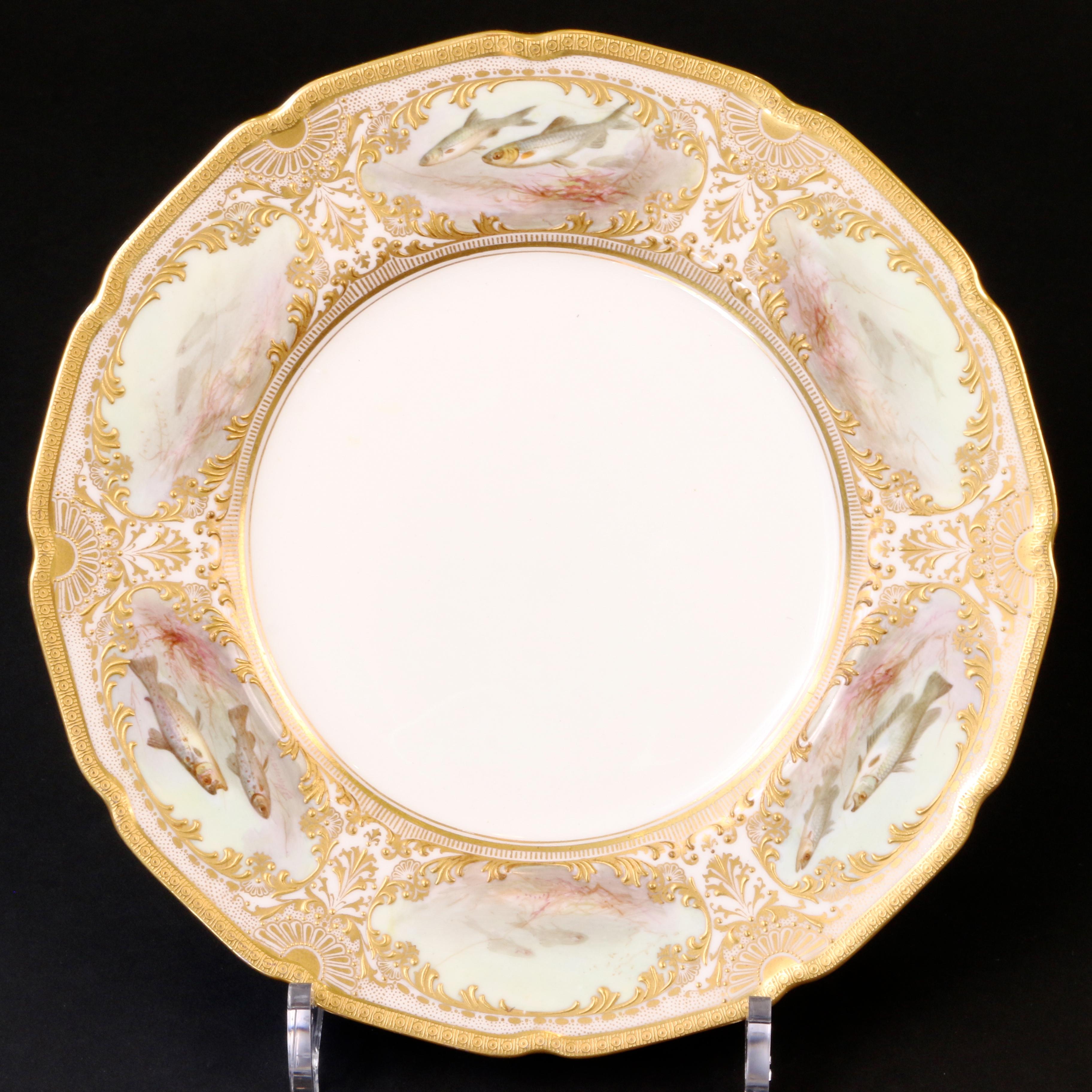 12 Royal Doulton Hand Painted and Heavily Gilded Fish Plates For Sale 1