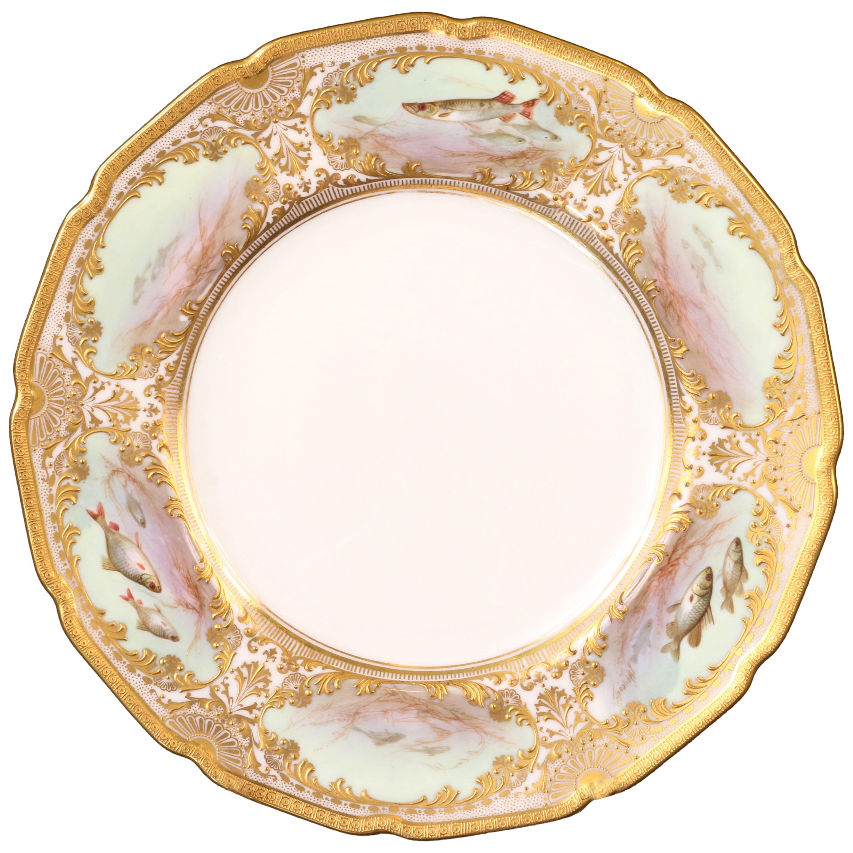 12 Royal Doulton Hand Painted and Heavily Gilded Fish Plates For Sale